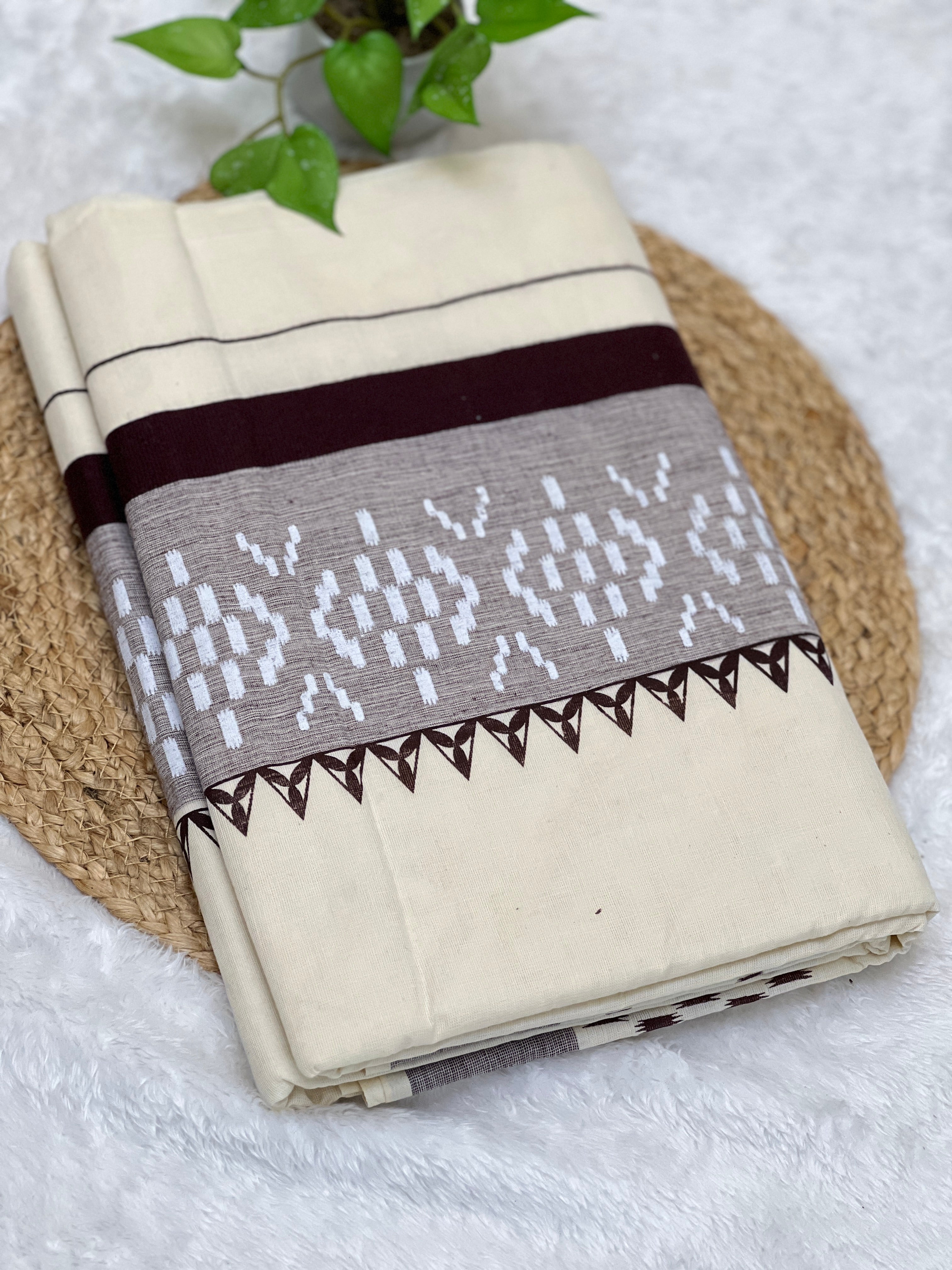 Block Print With Kara Border Detailed Kerala Cotton Saree | GAT329