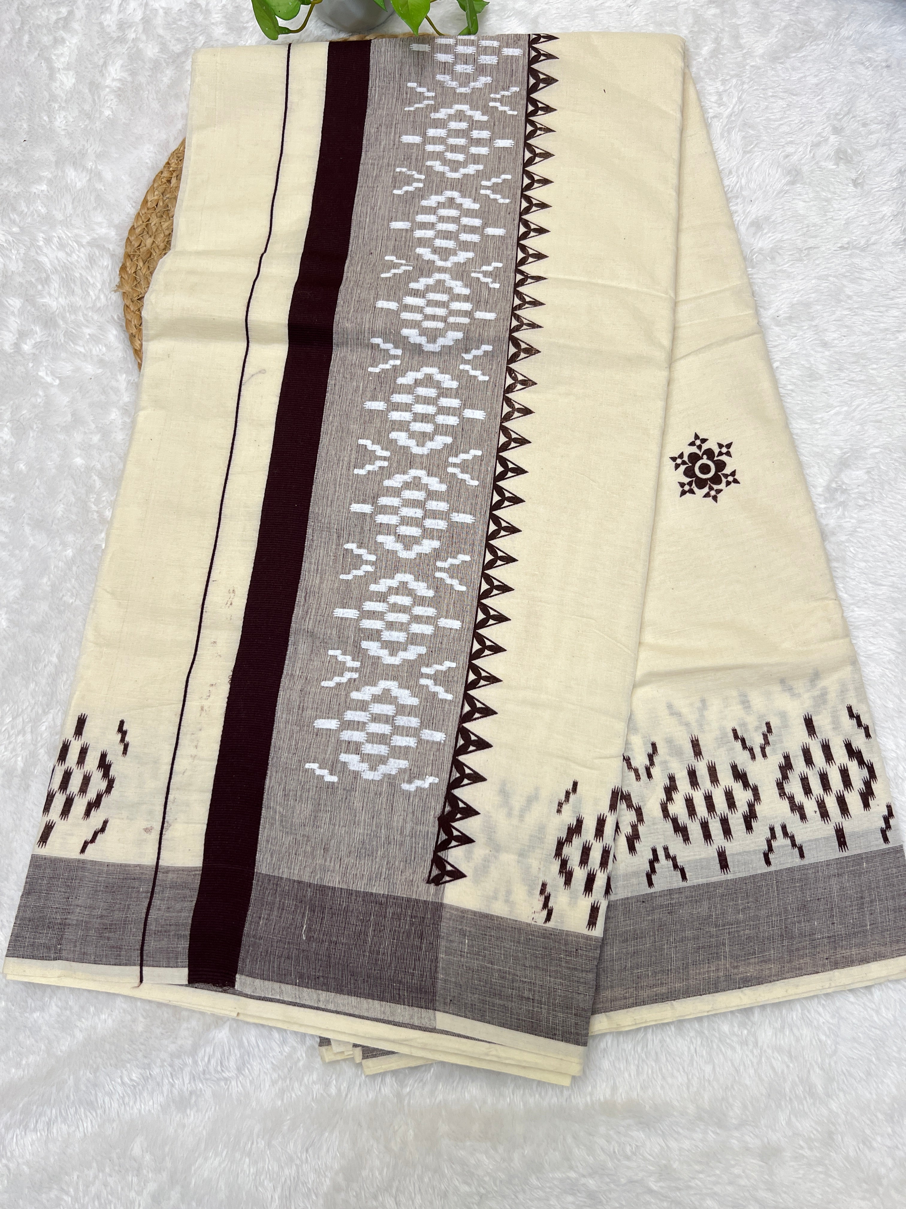 Block Print With Kara Border Detailed Kerala Cotton Saree | GAT329