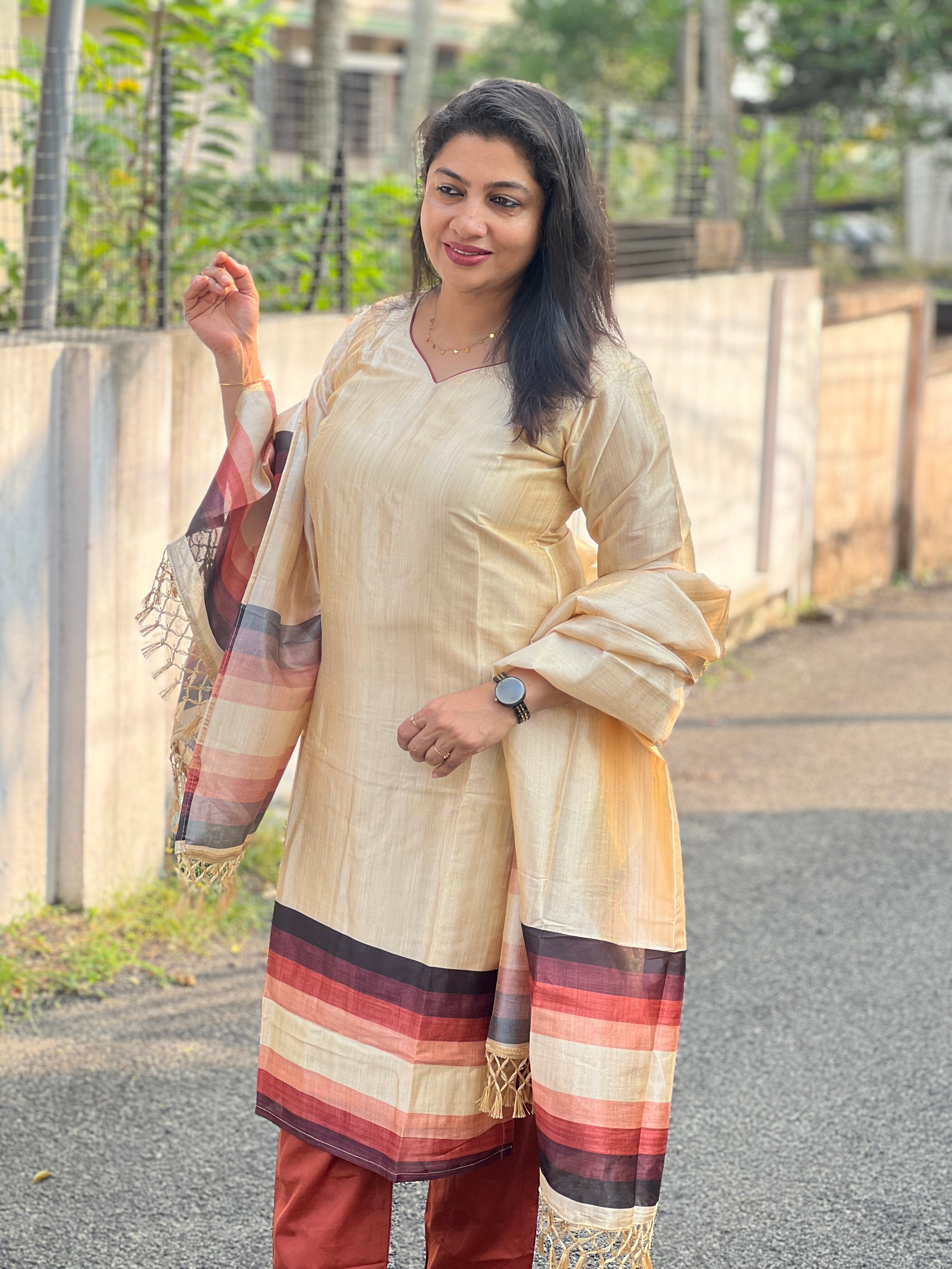 Shaded Print Detailed Semi Tussar Kurta Set | SLM141