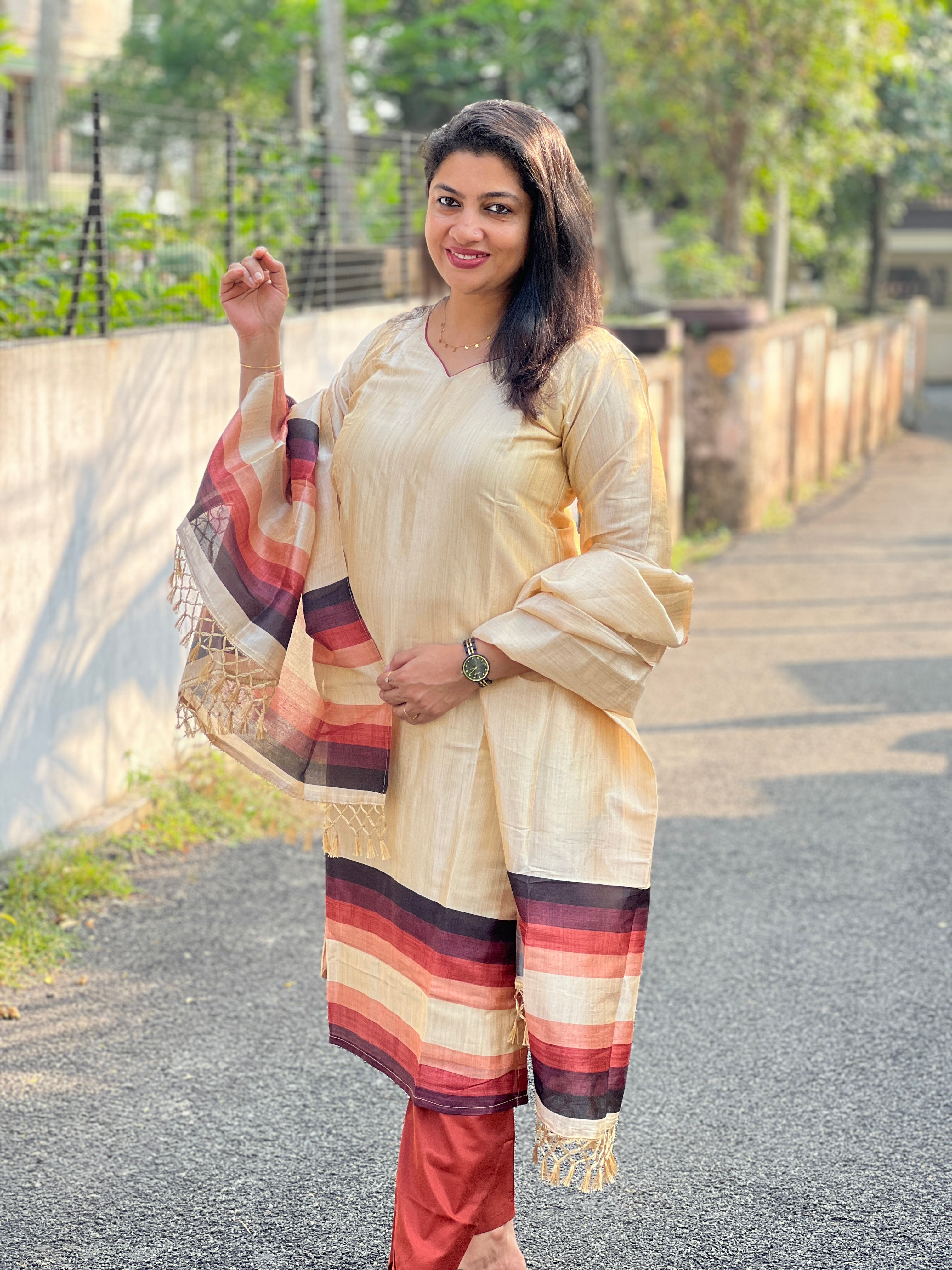 Shaded Print Detailed Semi Tussar Kurta Set | SLM141