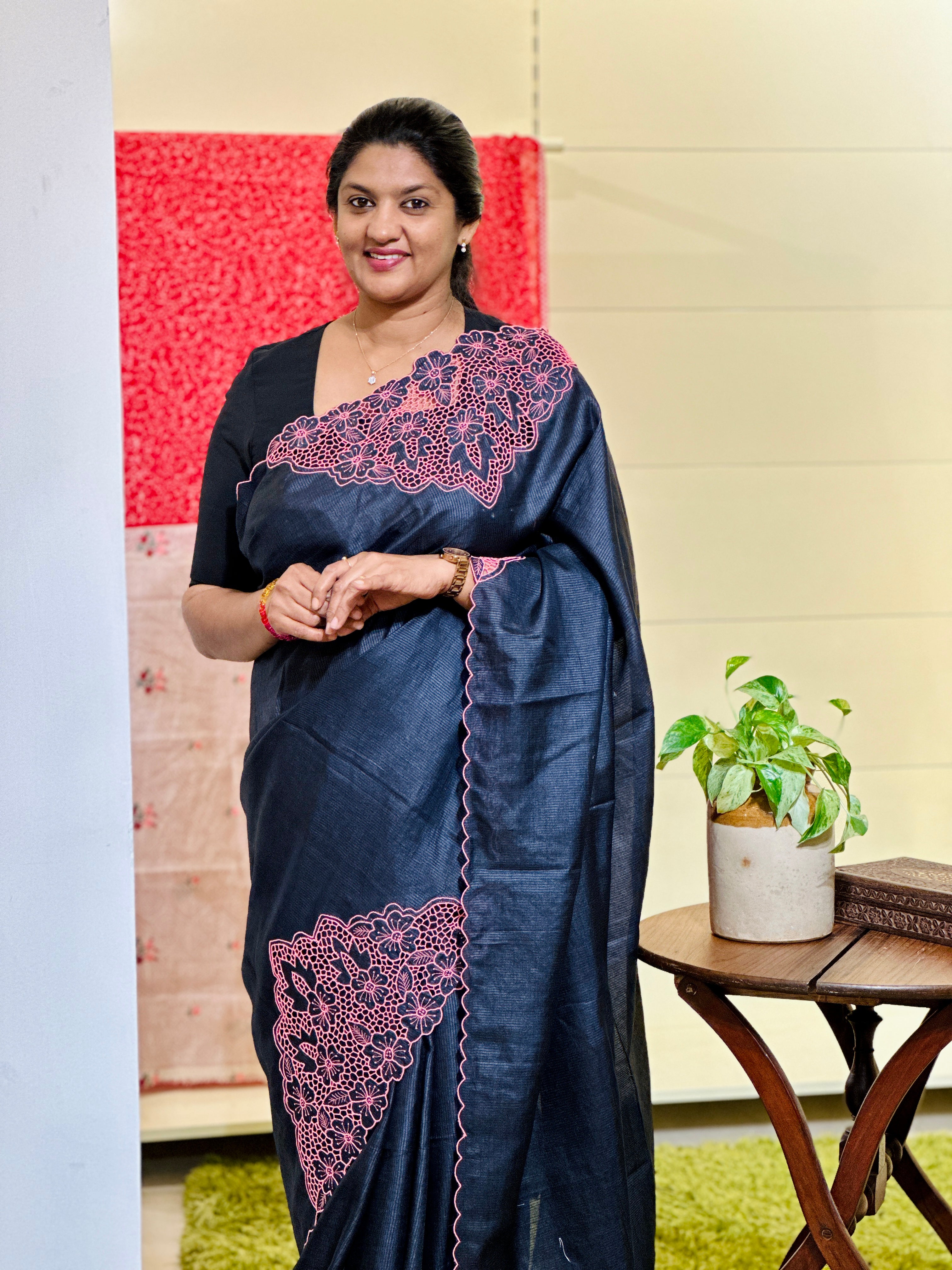 Floral Twine Cut Work Placement Detailed Noil Tussar Saree | TC449