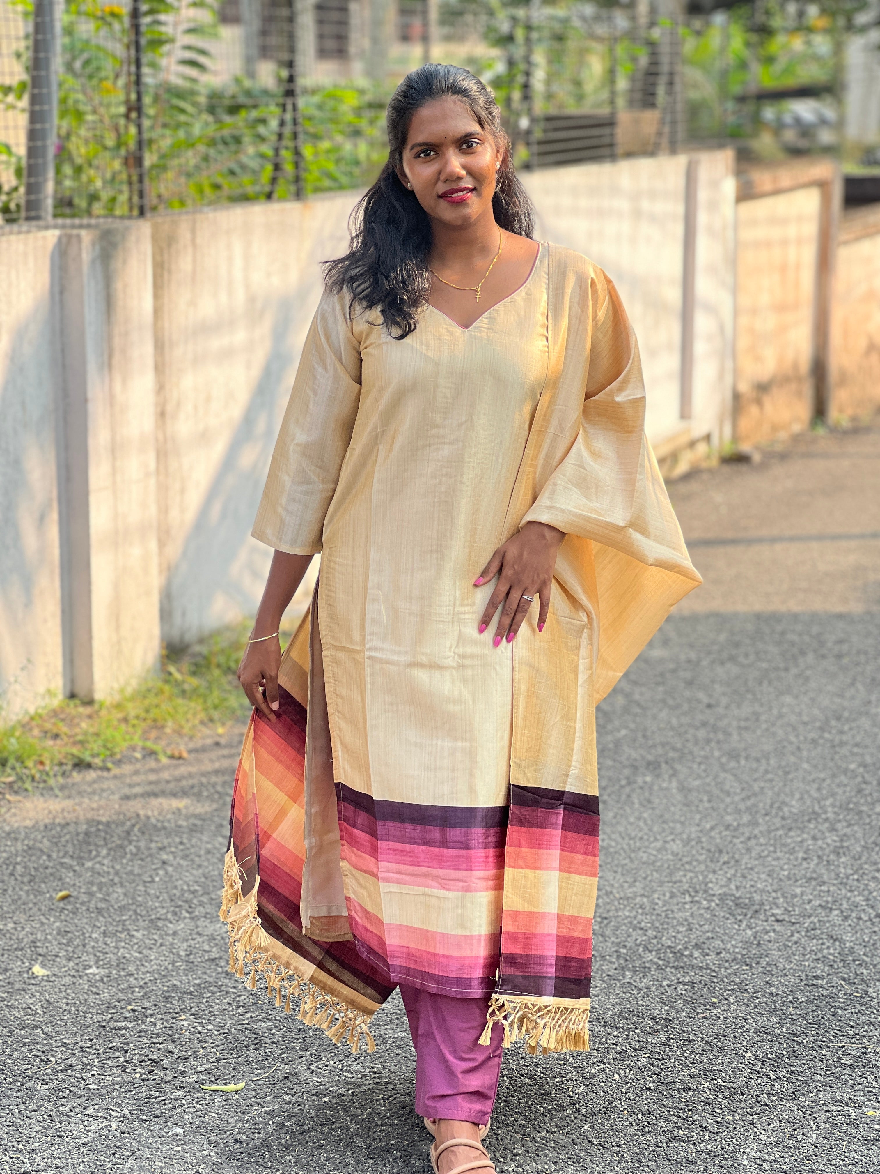 Shaded Print Detailed Semi Tussar Kurta Set | SLM138