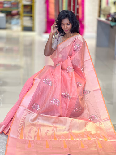 Floral Embroidered Check Organza Saree | RR218
