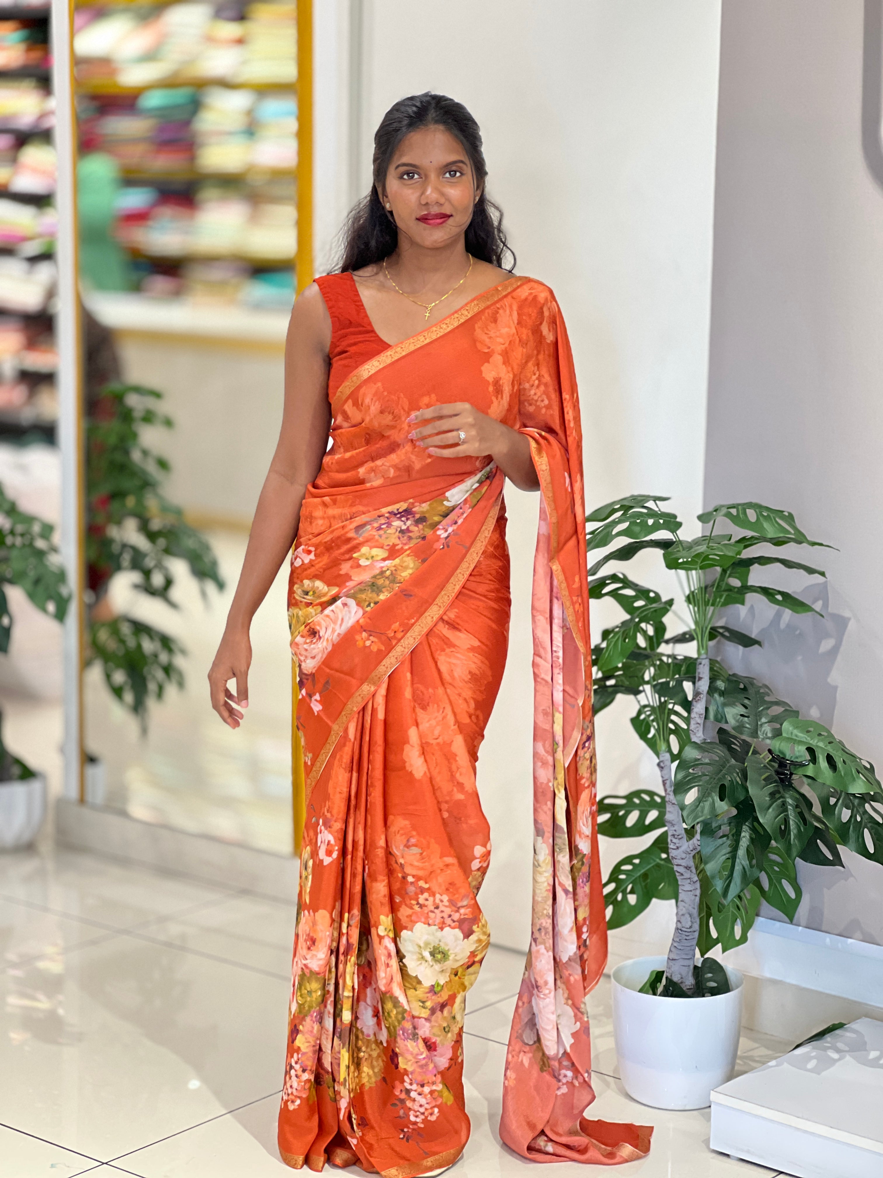 Floral Printed Pattern Chinnon Saree | SSN359