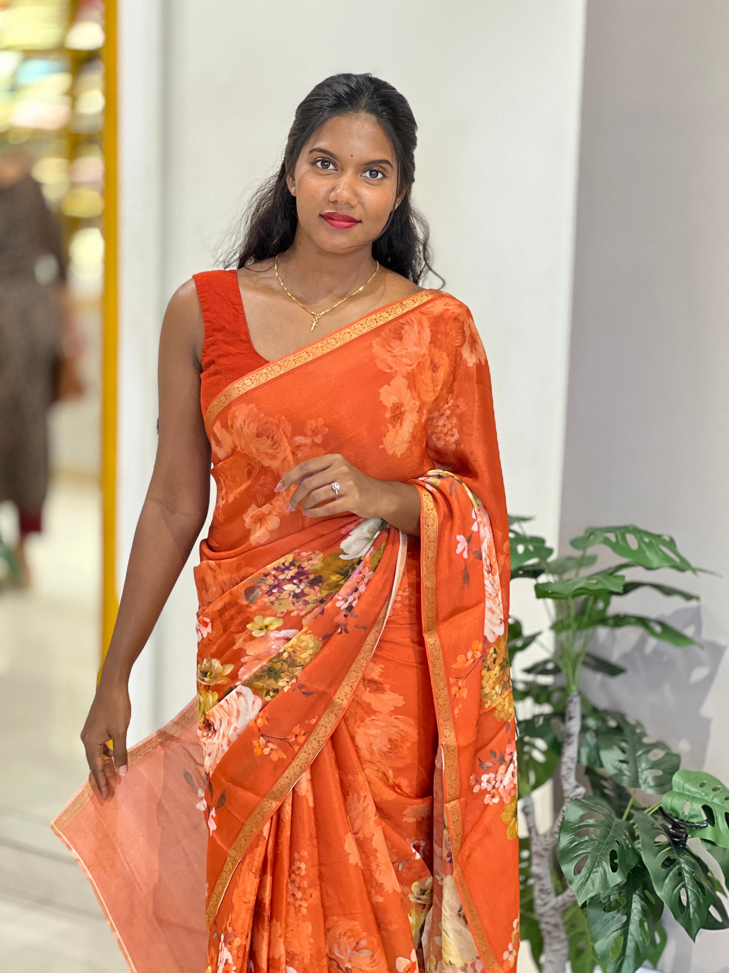 Floral Printed Pattern Chinnon Saree | SSN359