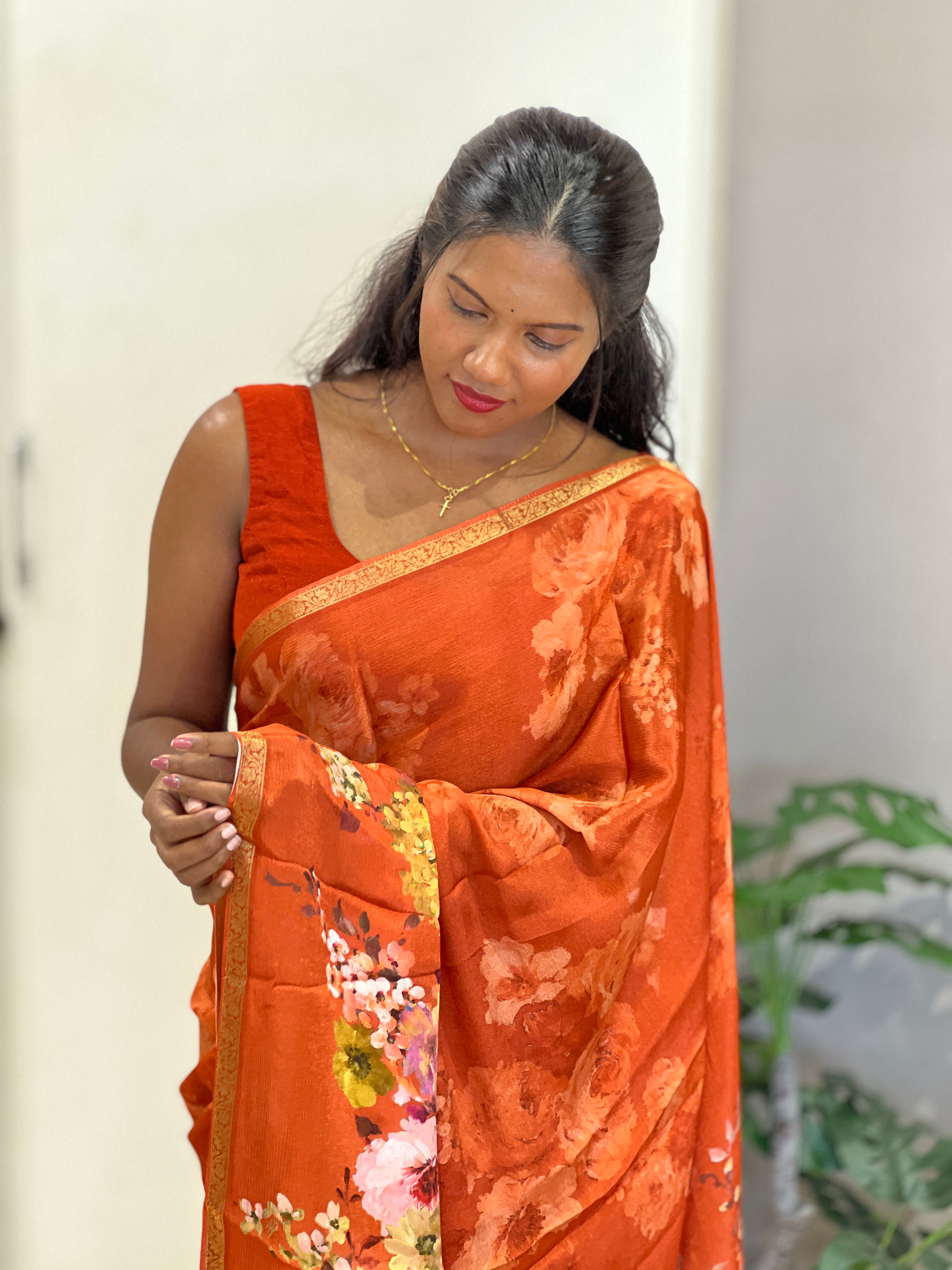 Floral Printed Pattern Chinnon Saree | SSN359