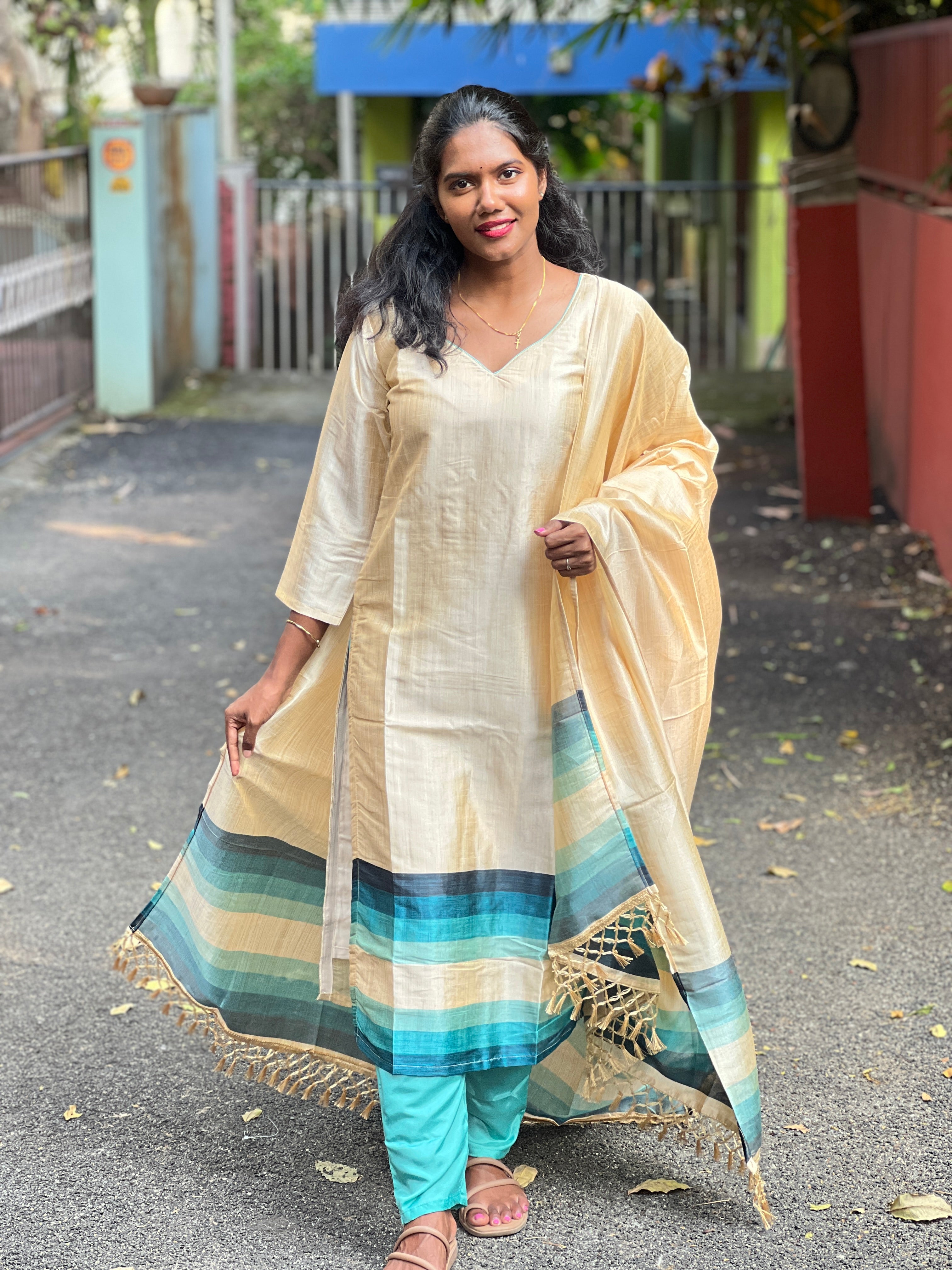 Shaded Print Detailed Semi Tussar Kurta Set | SLM139