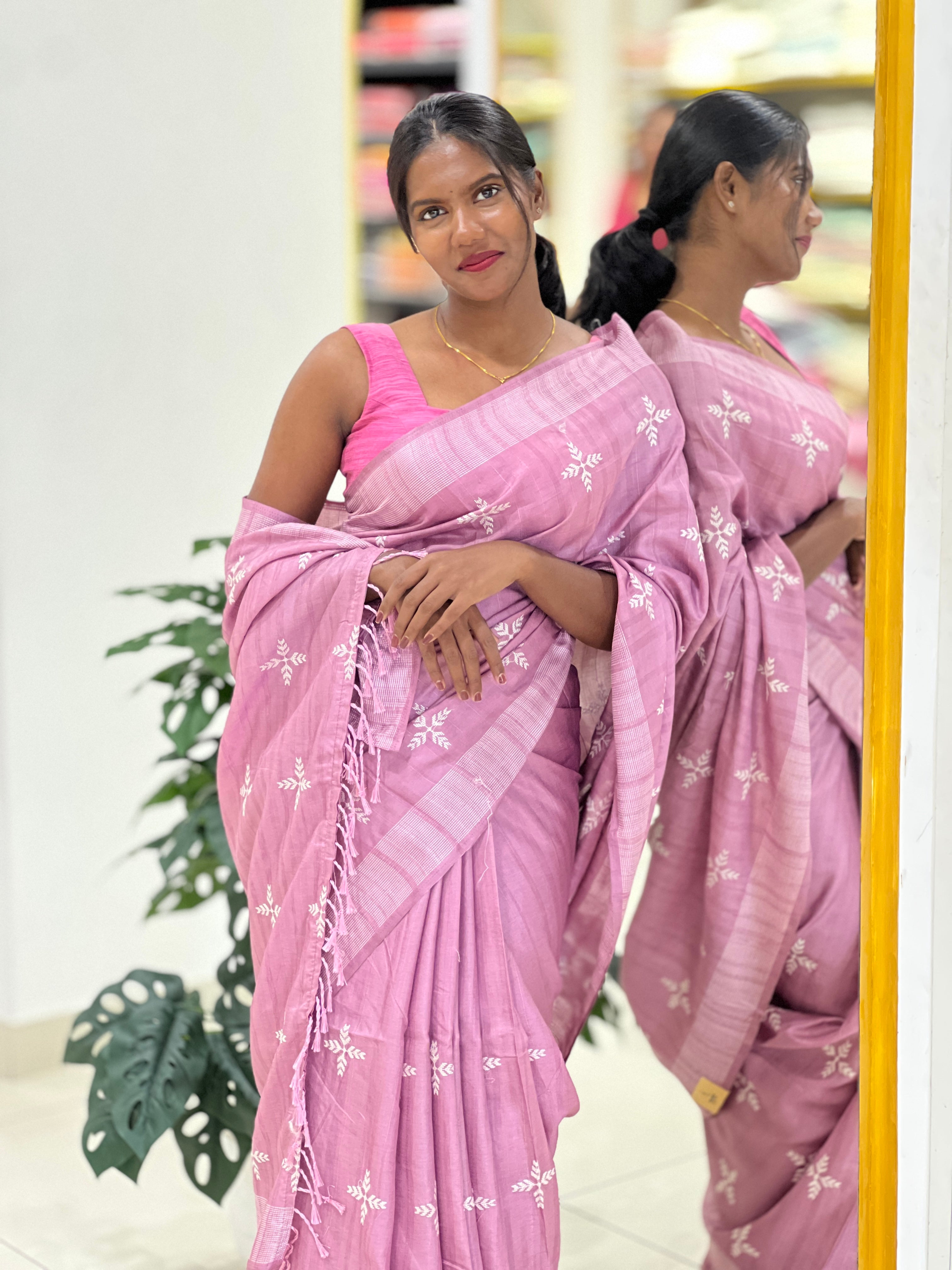 Leaf Patterned Embroidery Detailed Semi Tussar Saree | SUN701
