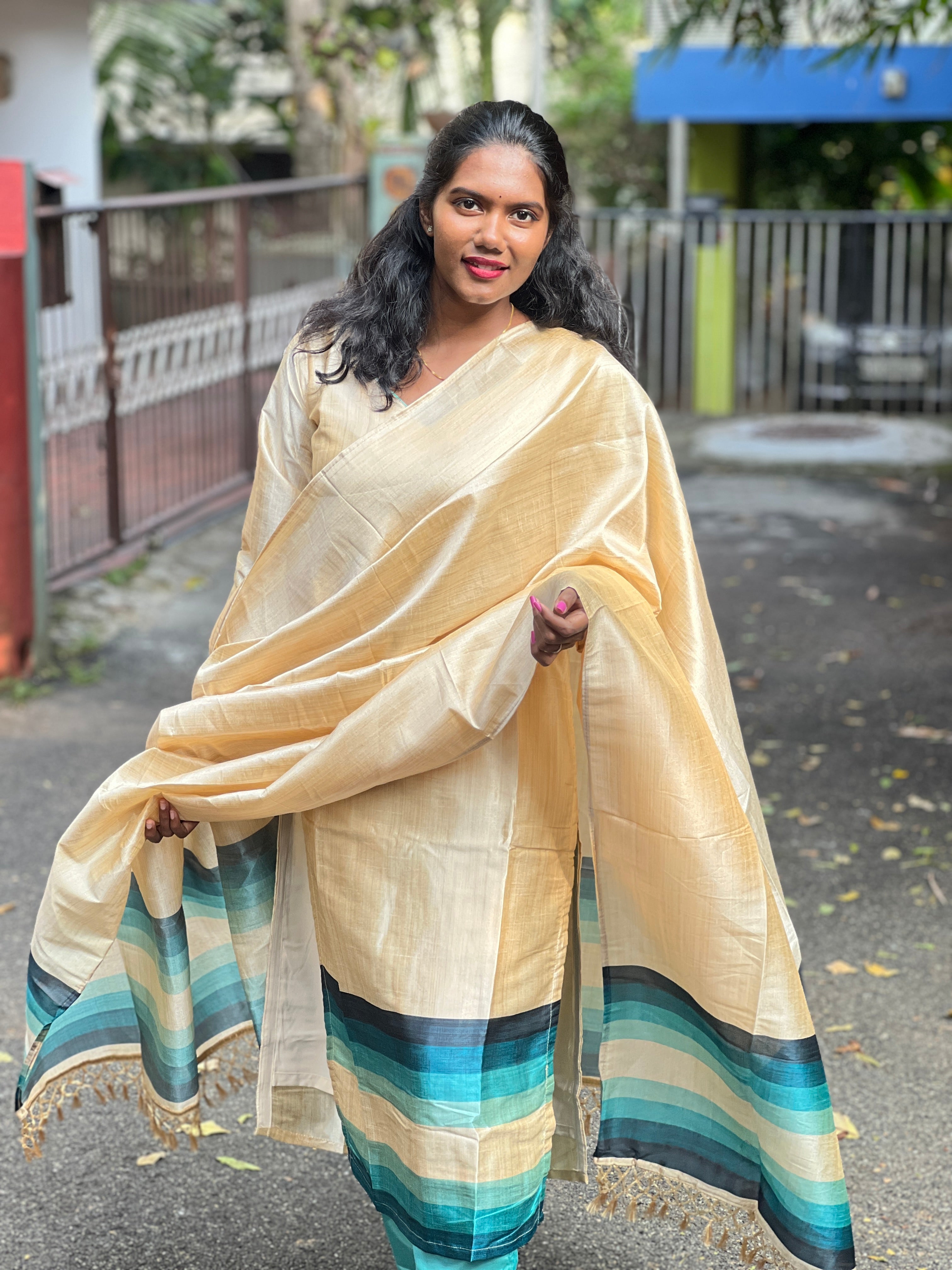 Shaded Print Detailed Semi Tussar Kurta Set | SLM139