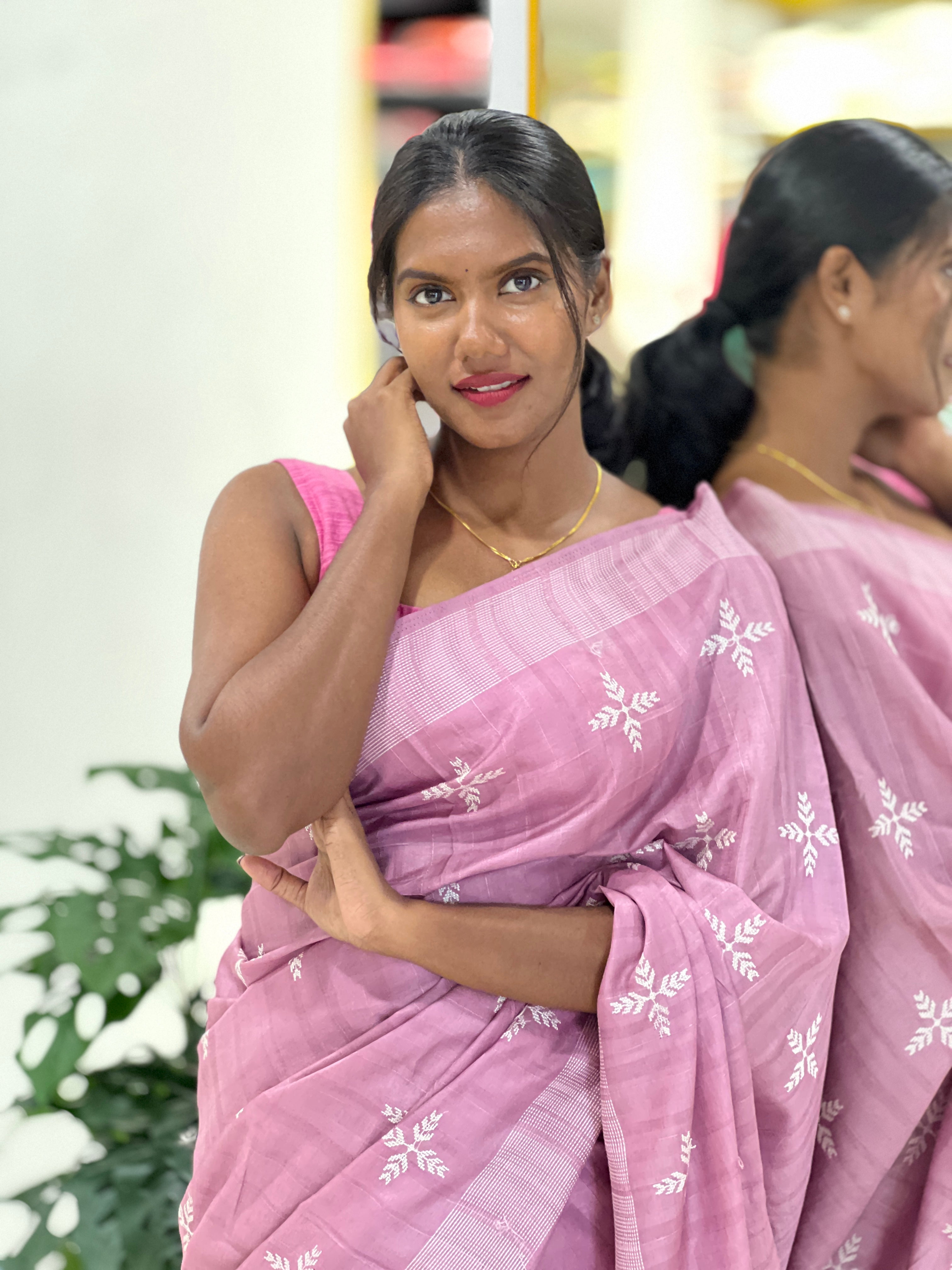 Leaf Patterned Embroidery Detailed Semi Tussar Saree | SUN701