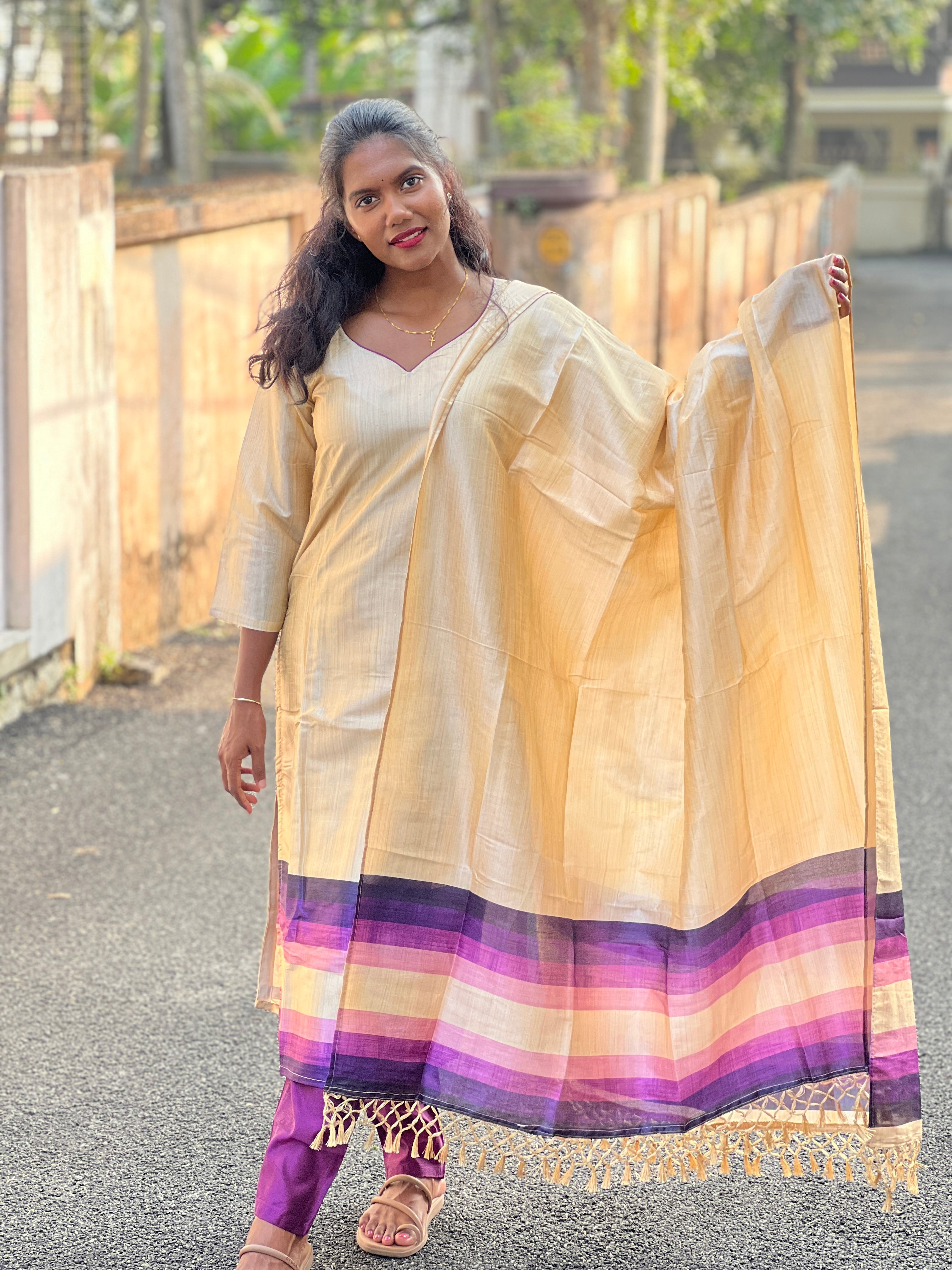 Shaded Print Detailed Semi Tussar Kurta Set | SLM140