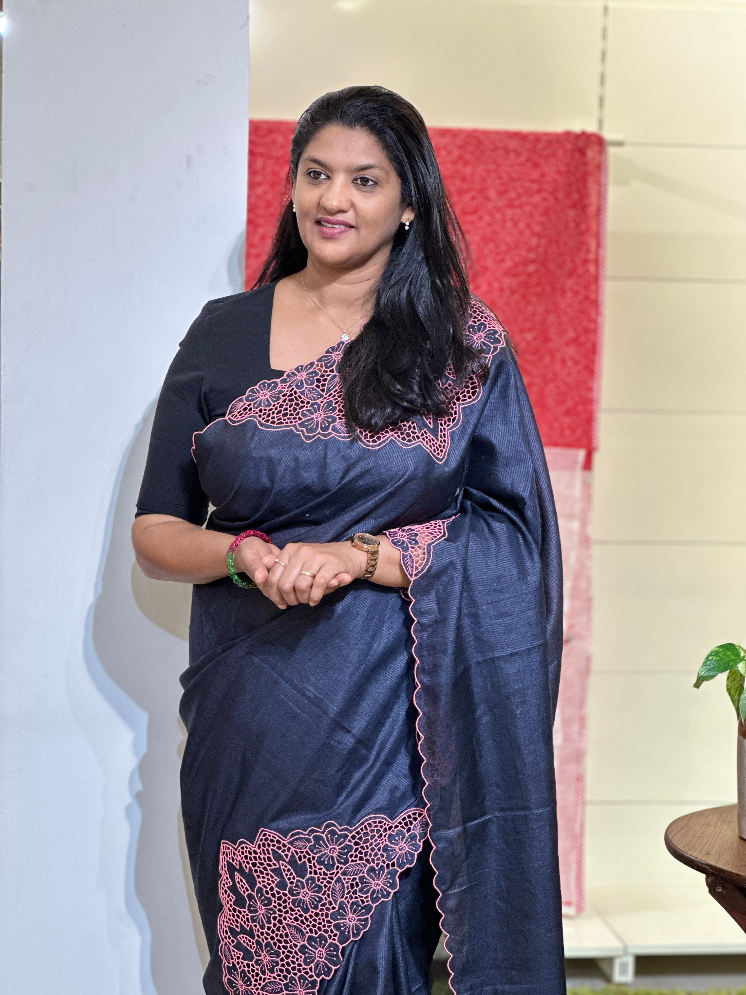 Floral Twine Cut Work Placement Detailed Noil Tussar Saree | TC449