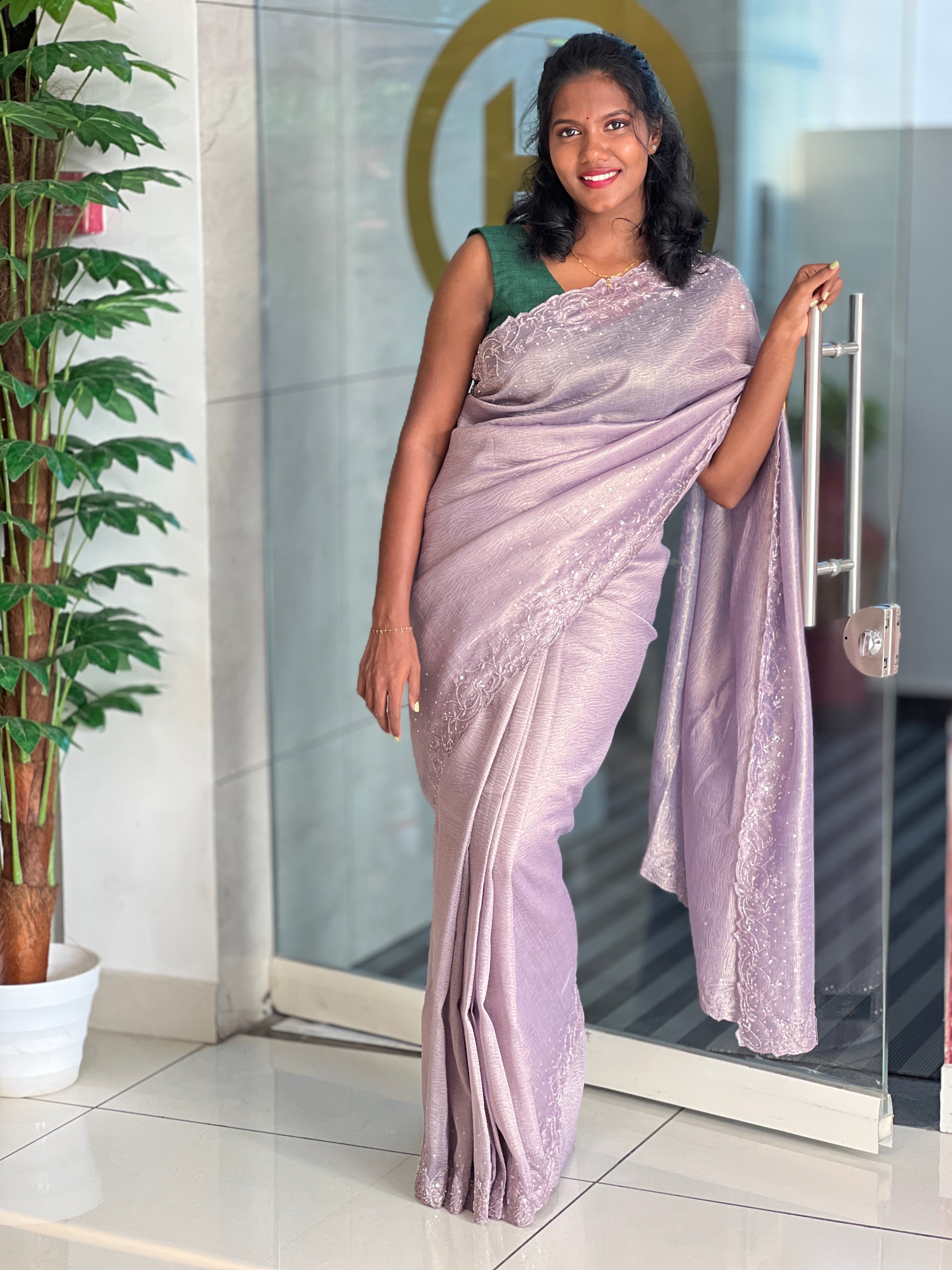 Embroidery Pattern Shimmer Crushed Organza Saree | SBP829
