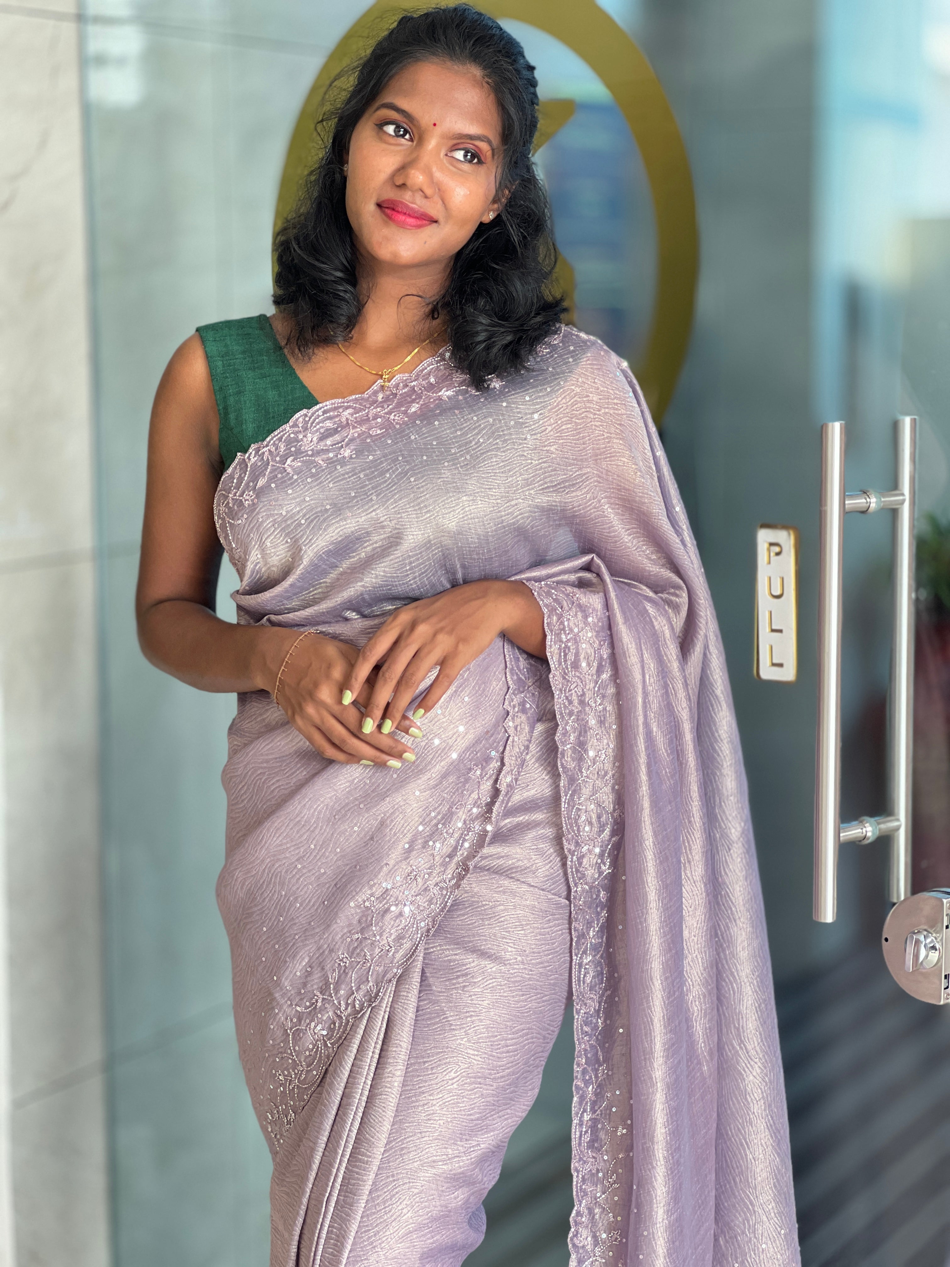 Embroidery Pattern Shimmer Crushed Organza Saree | SBP829