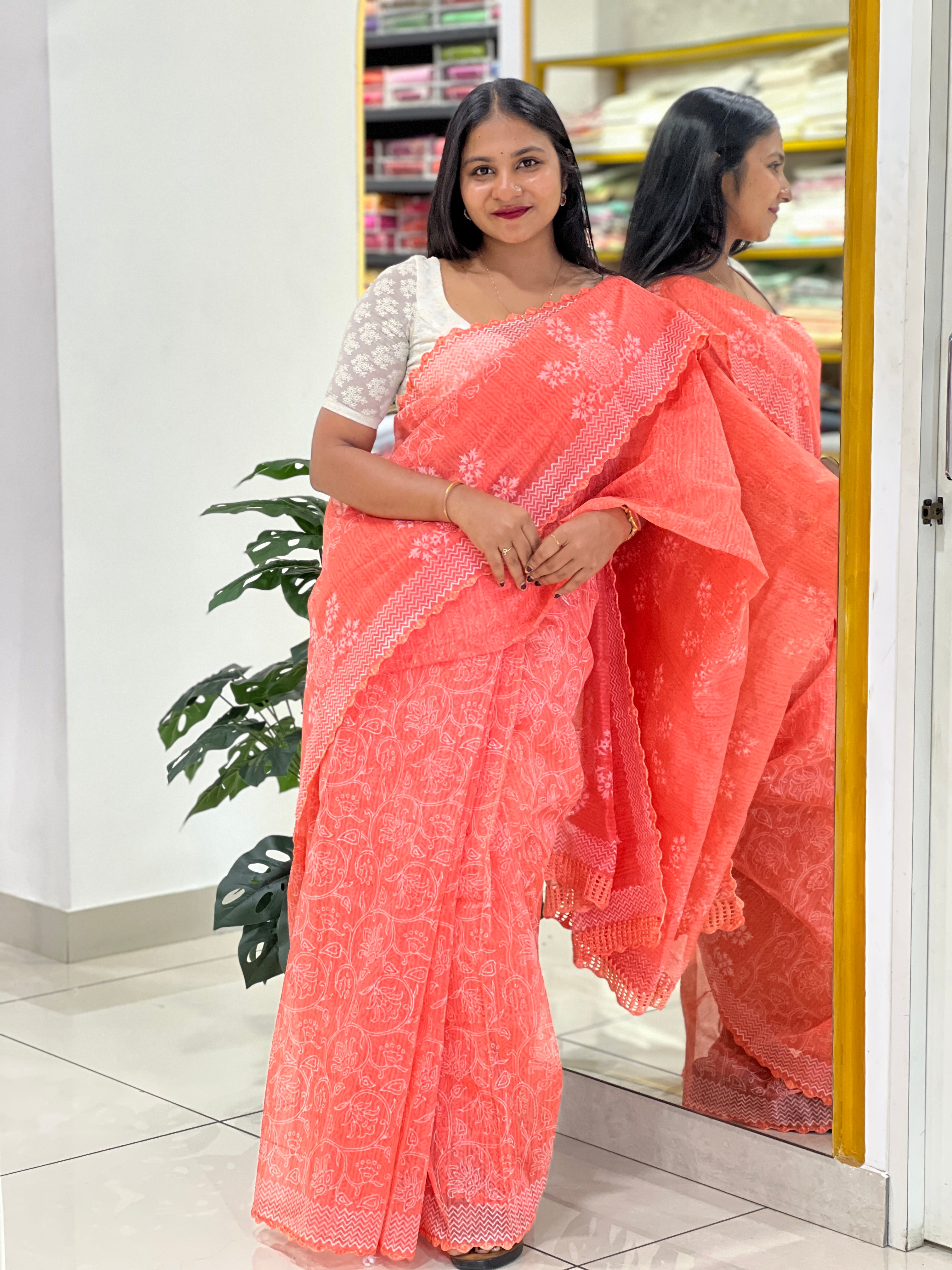 Block Print Detailed Super Net Kota Saree | JSC204