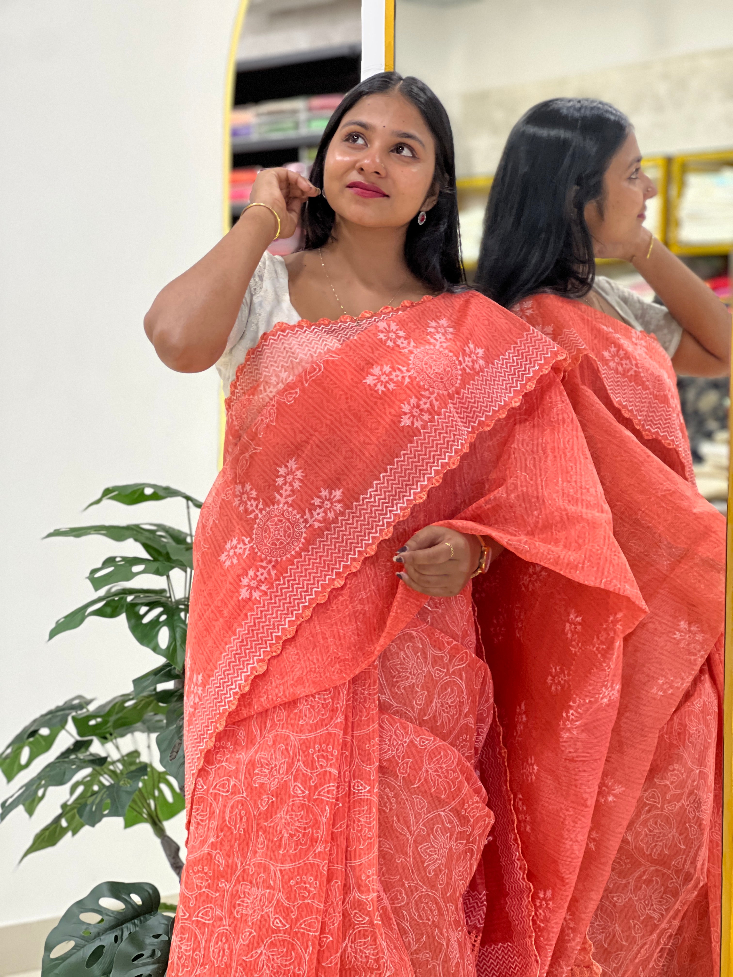 Block Print Detailed Super Net Kota Saree | JSC204