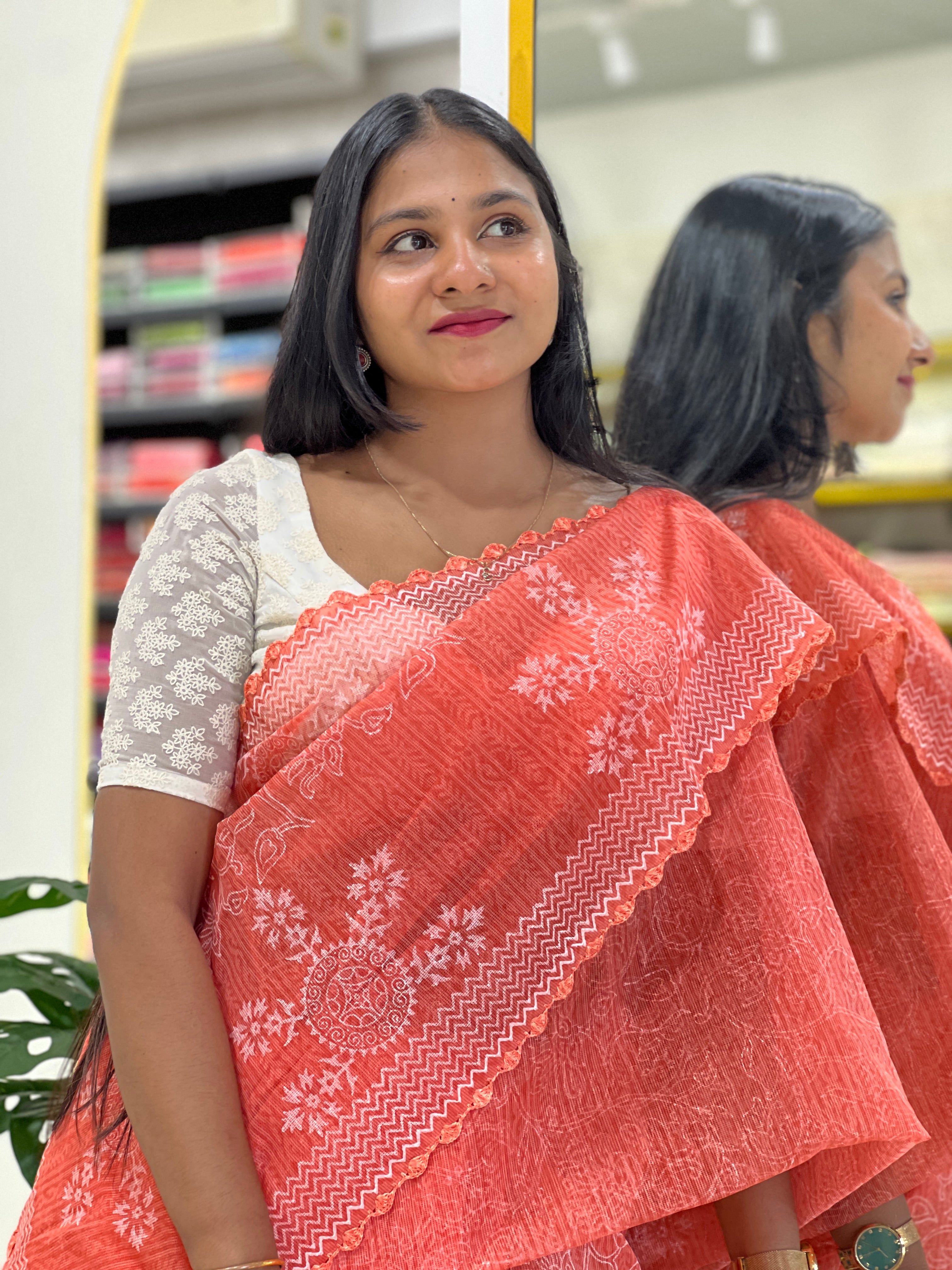 Block Print Detailed Super Net Kota Saree | JSC204