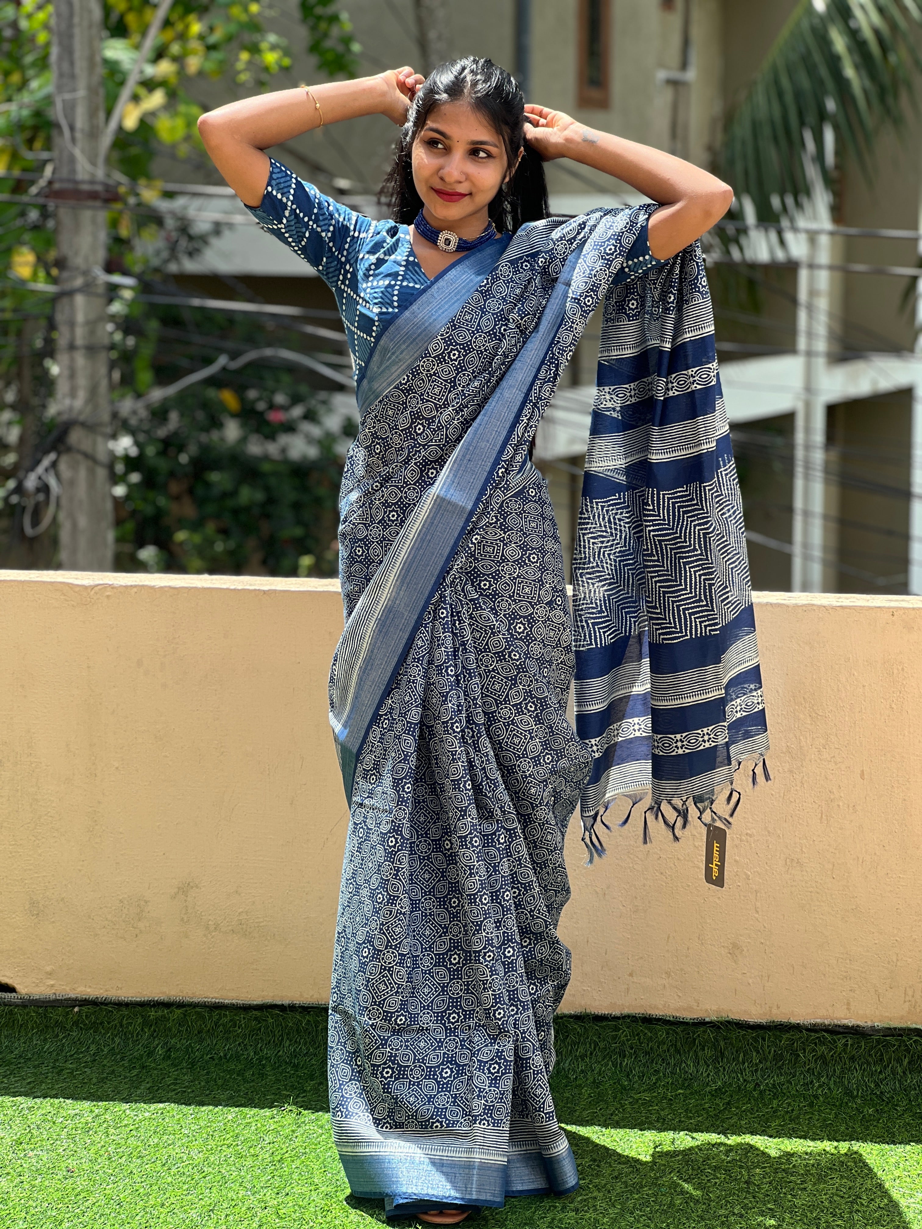 Ajrak Inspired Screen Printed Bhagalpuri Linen Saree | GMS160