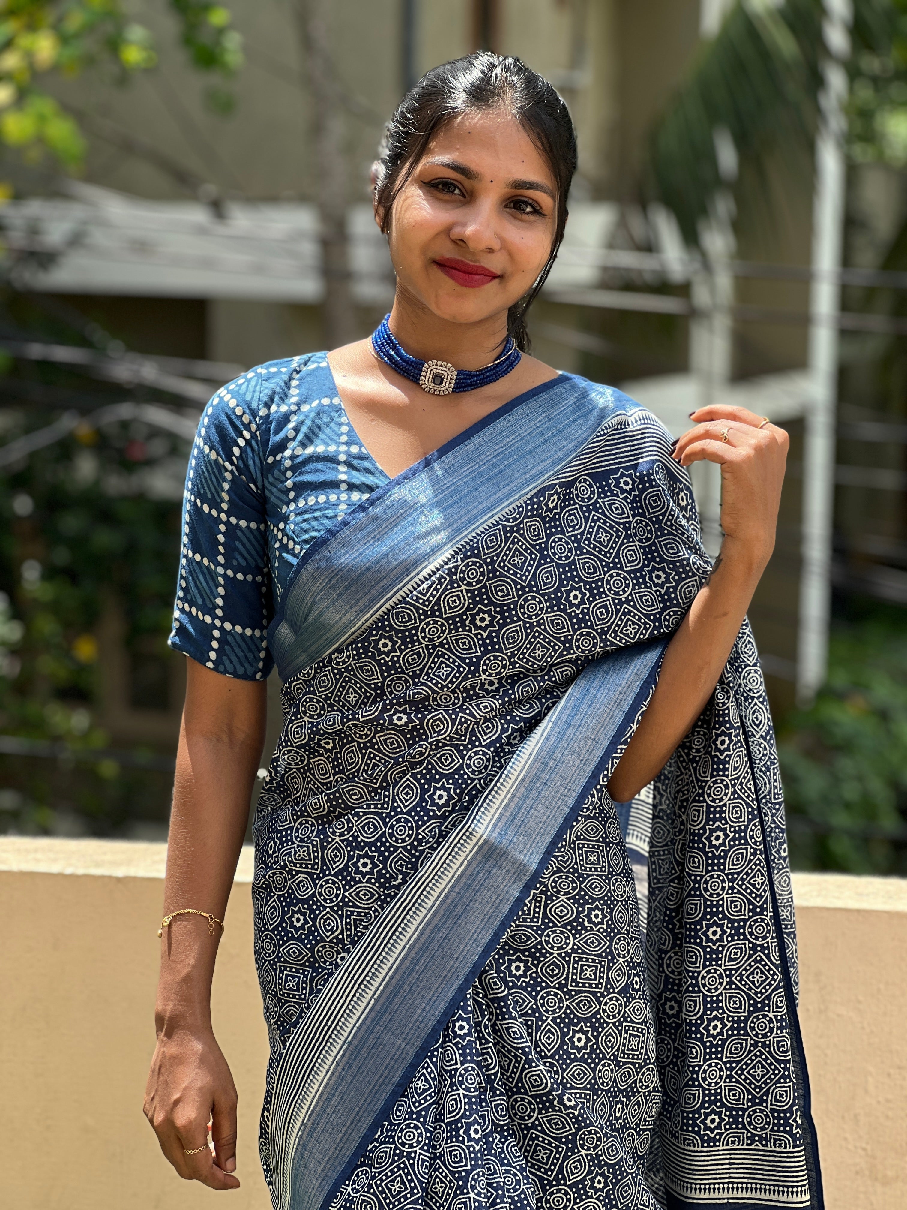 Ajrak Inspired Screen Printed Bhagalpuri Linen Saree | GMS160