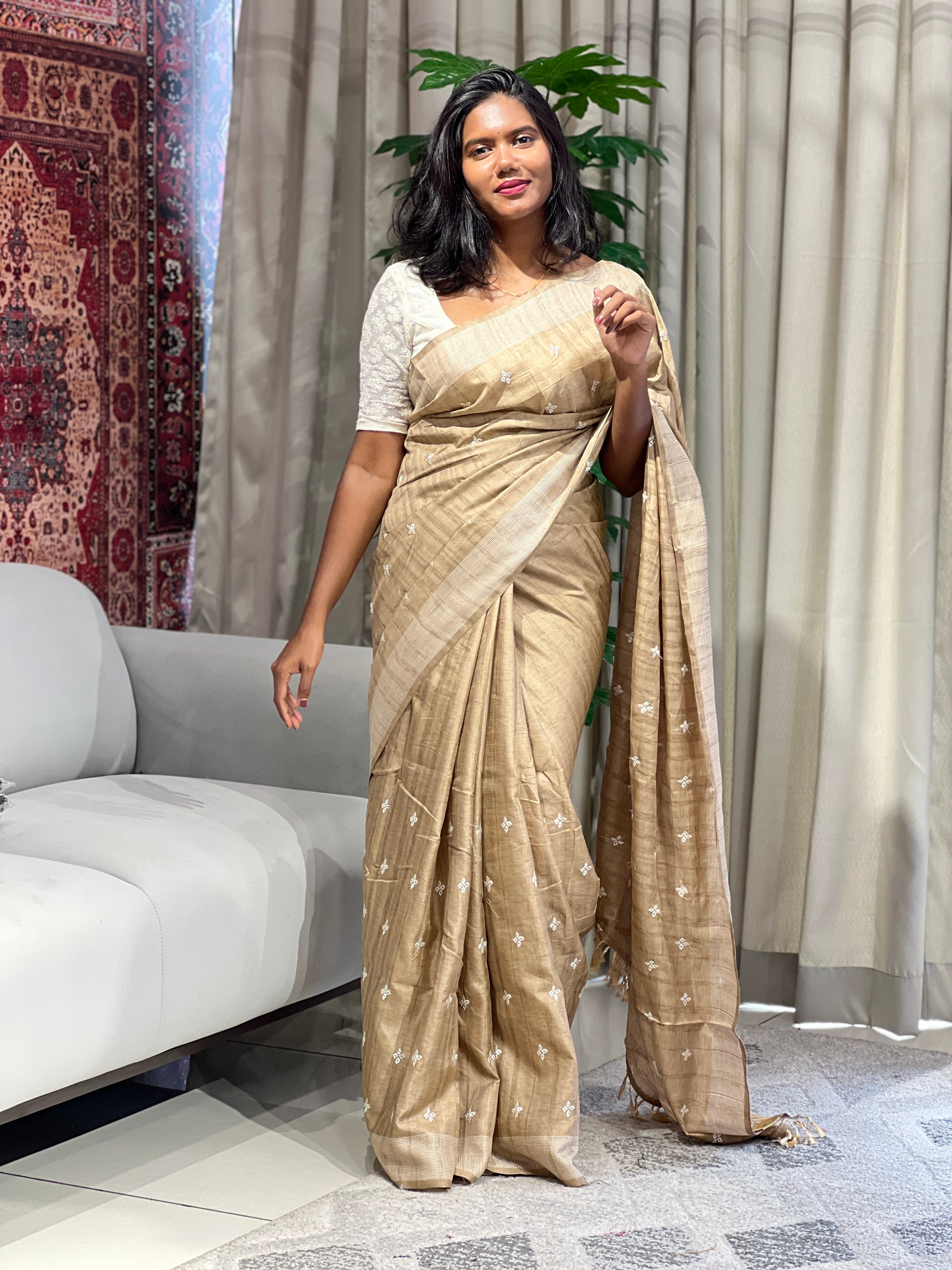 Floral Embroidery Detailed Semi Tussar Saree | SUN734
