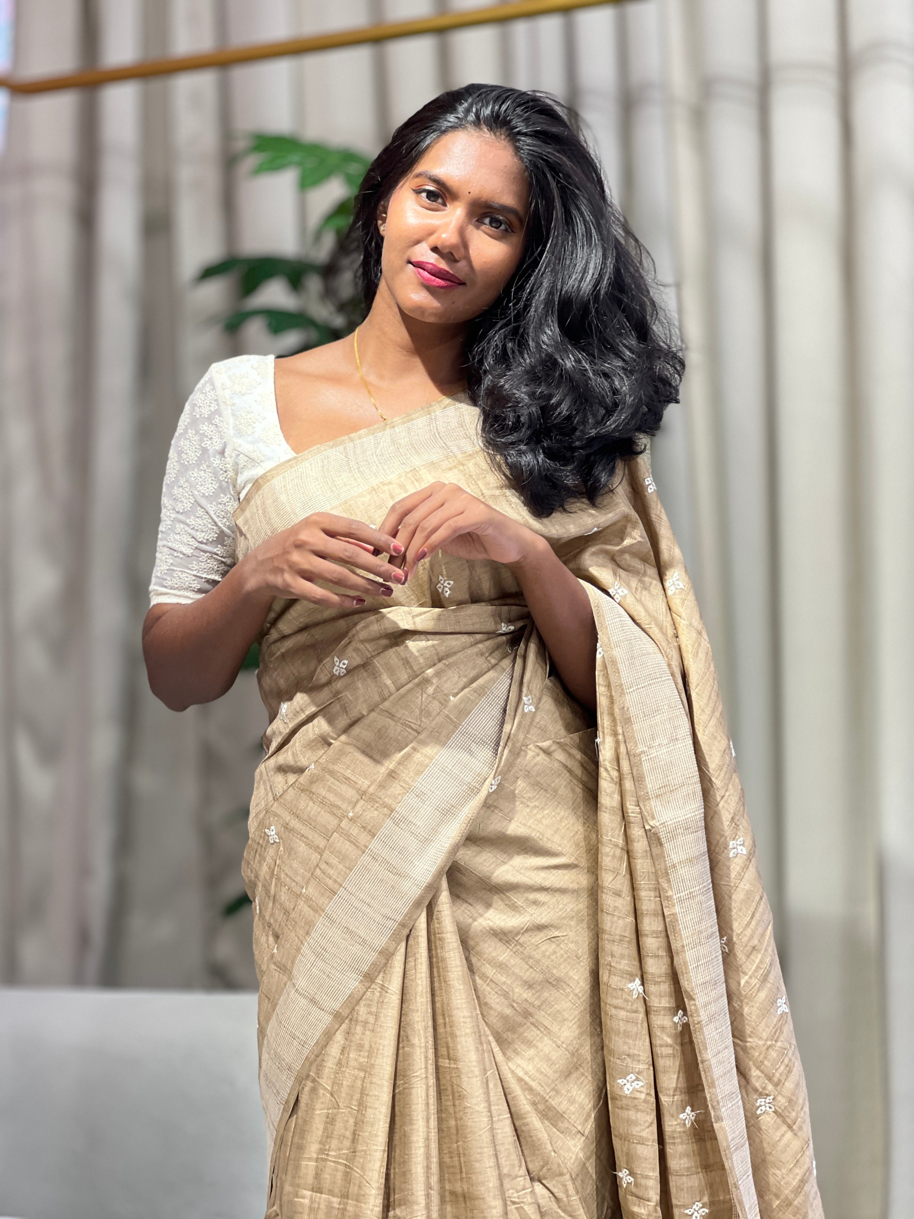 Floral Embroidery Detailed Semi Tussar Saree | SUN734