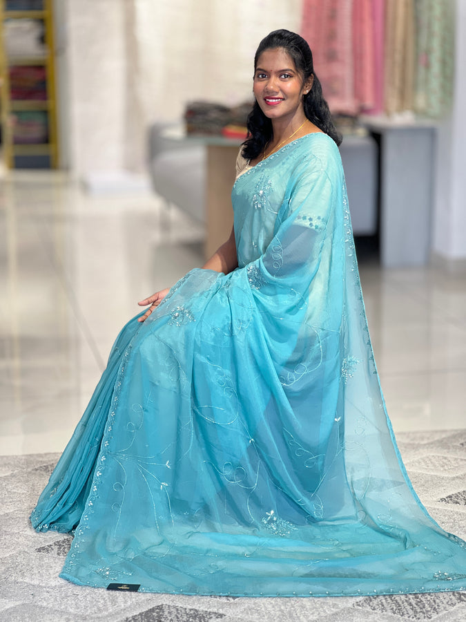 Hand Work Crushed Organza Saree | SBP859