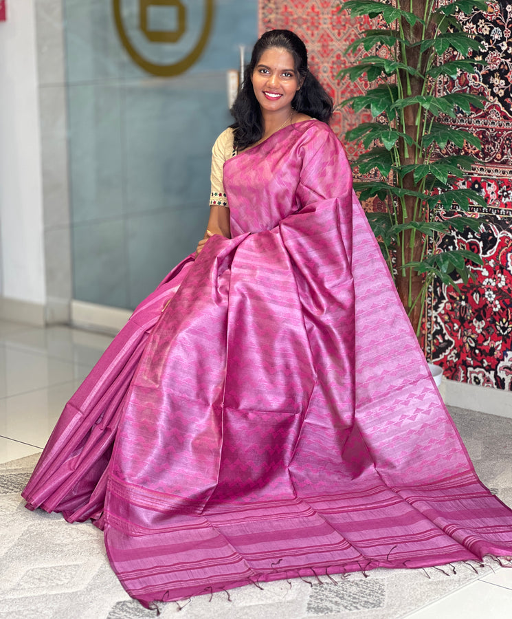Thread Weaving Zigzag Patterned Noil Tussar Saree | PNS200