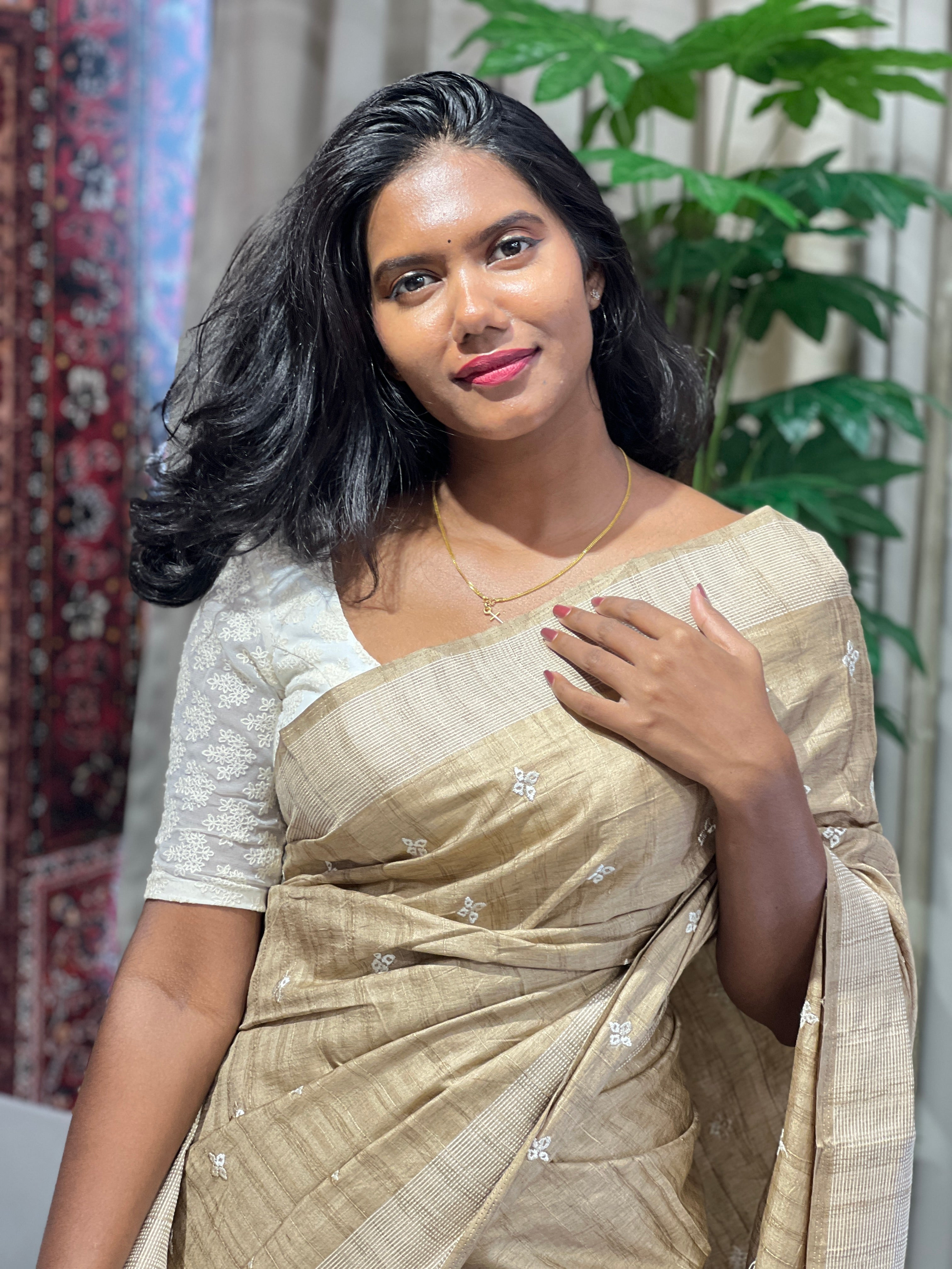 Floral Embroidery Detailed Semi Tussar Saree | SUN734