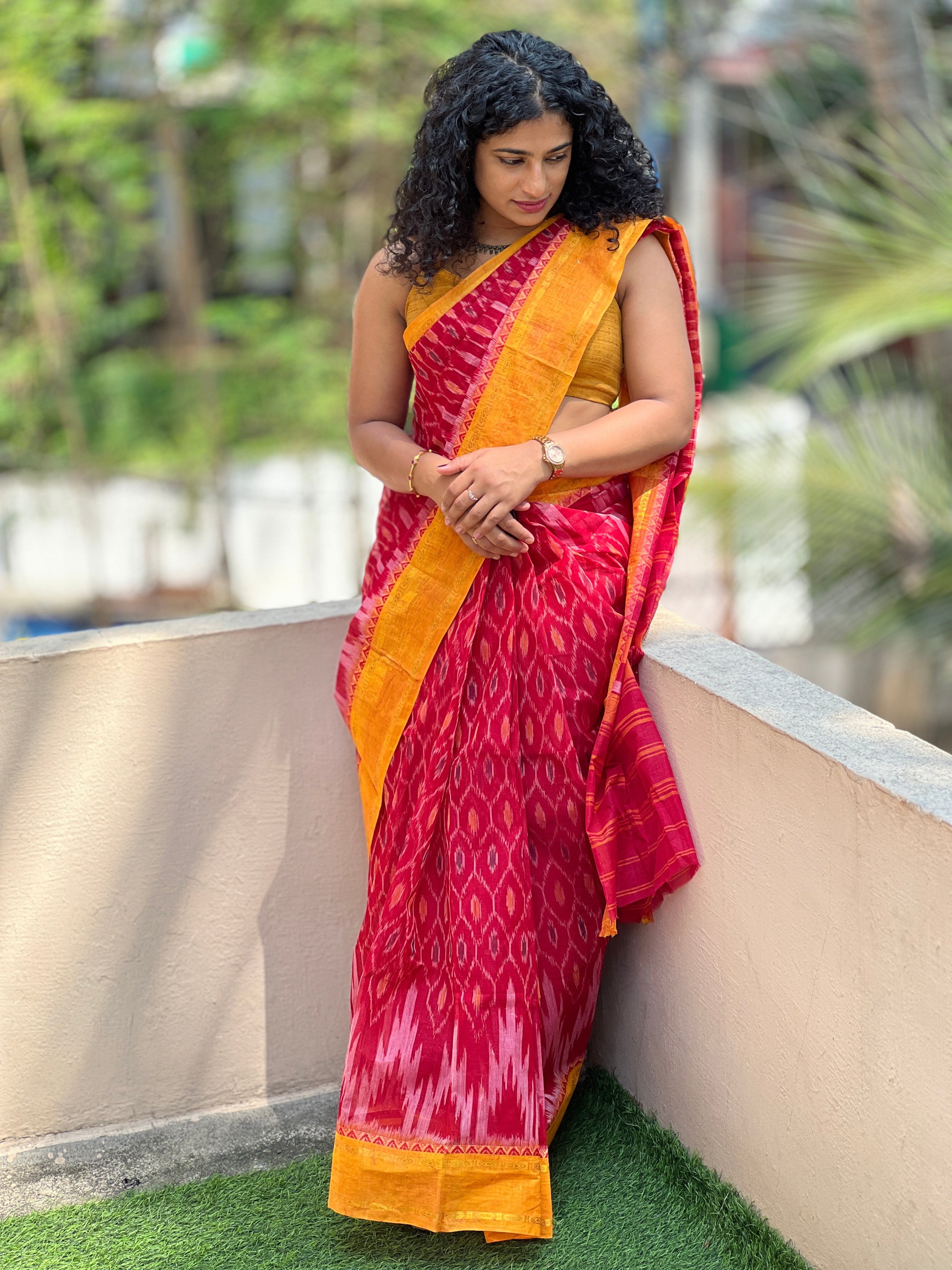 Red & Yellow Cotton Saree ( Without Blouse ) | RP412