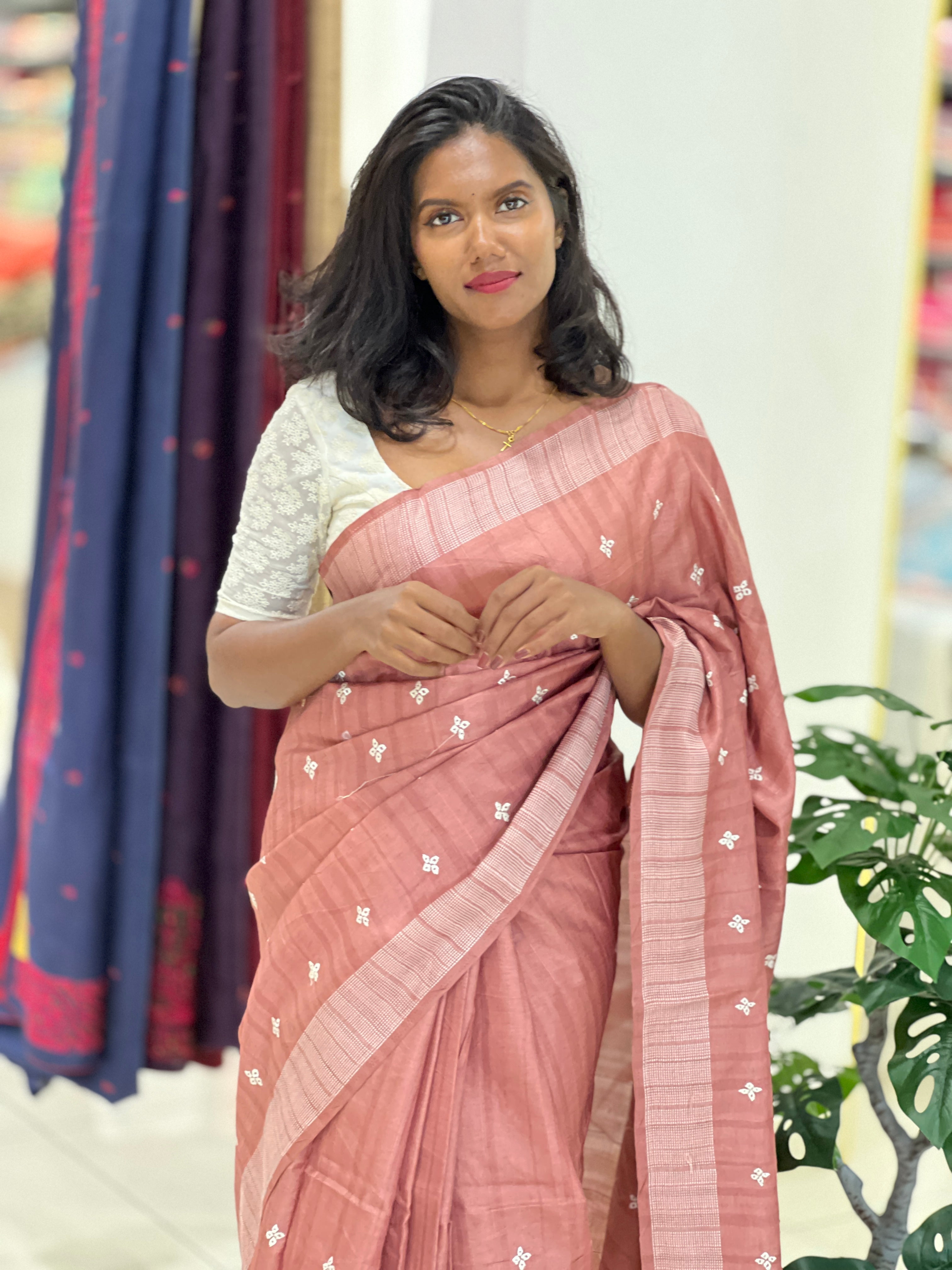Floral Embroidery Detailed Semi Tussar Saree | SUN735