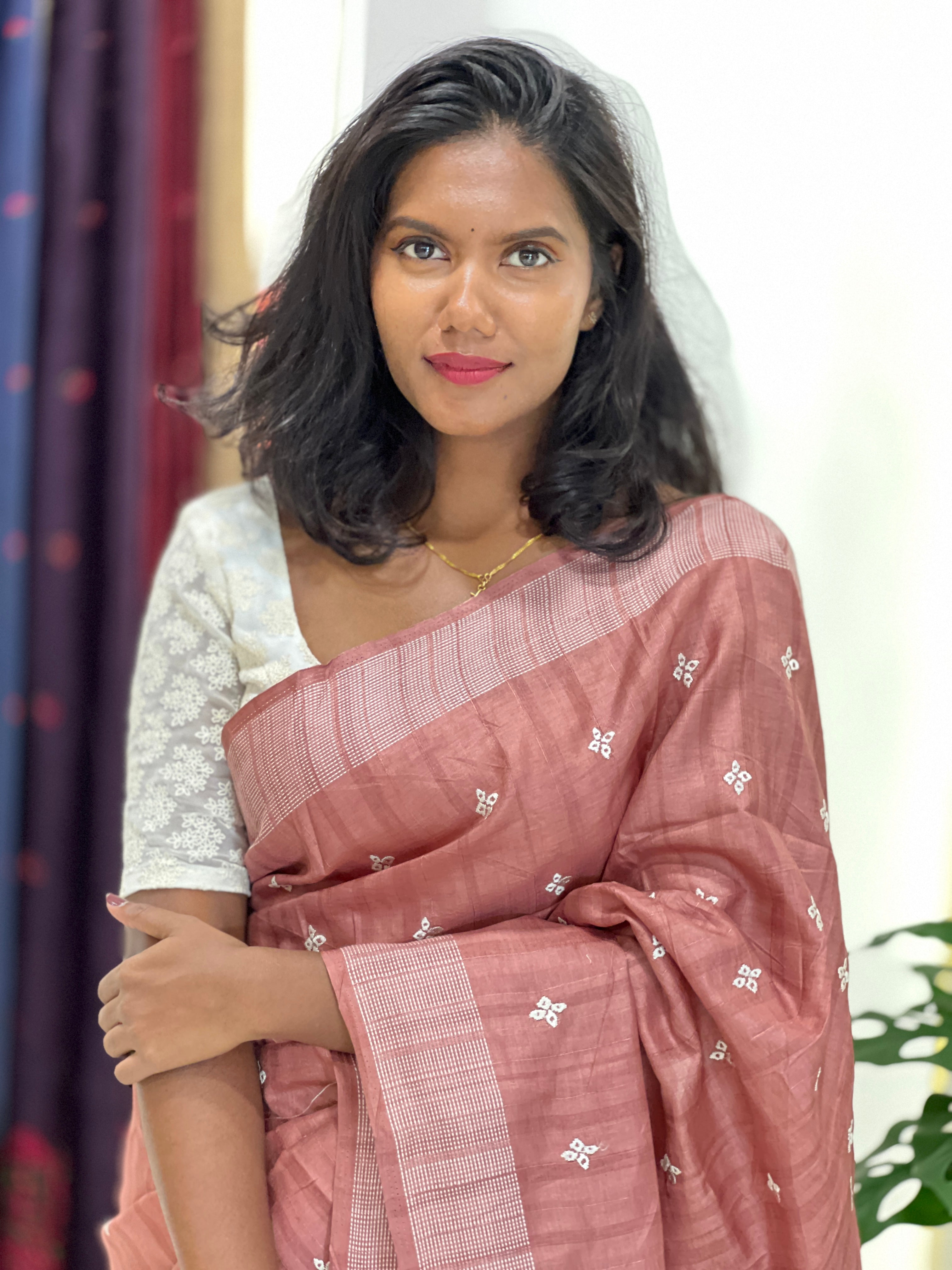 Floral Embroidery Detailed Semi Tussar Saree | SUN735
