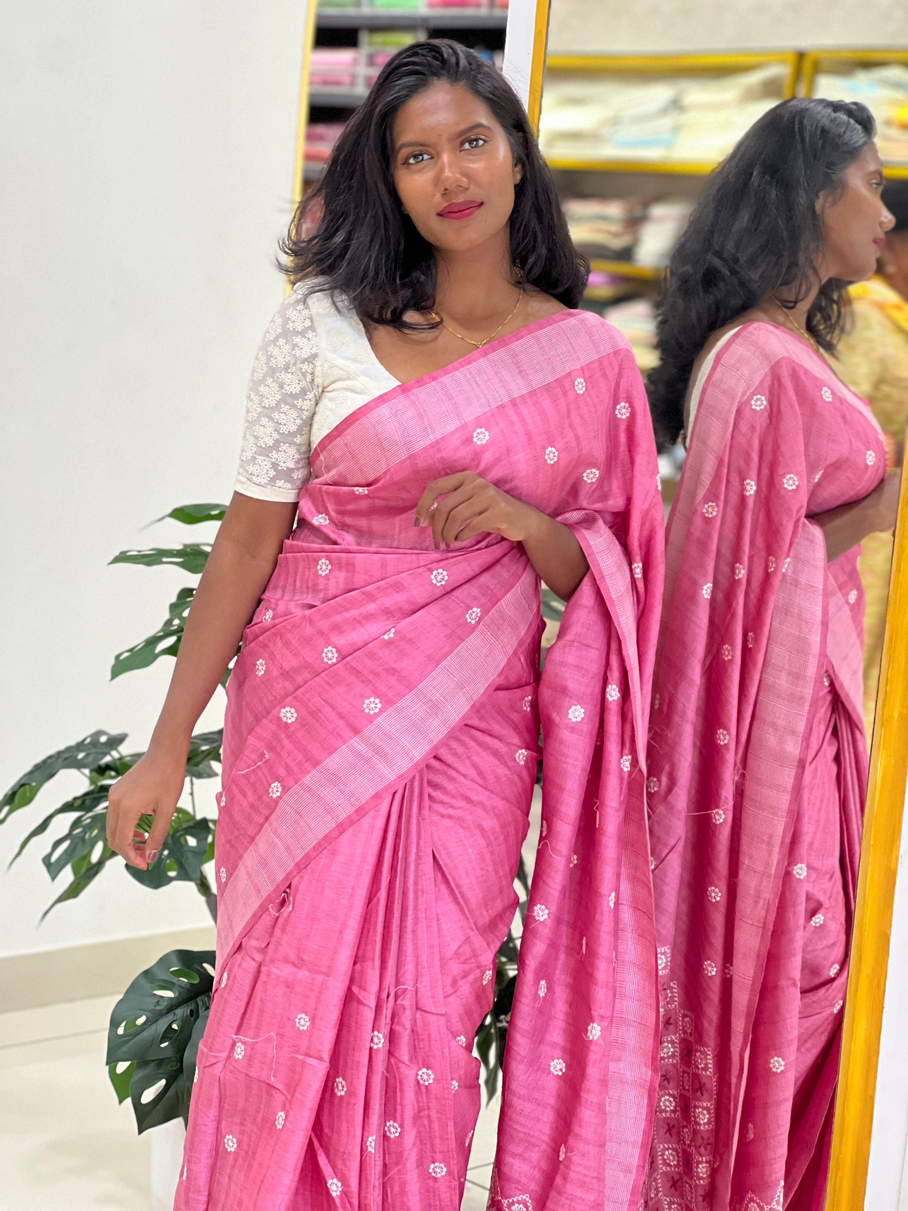 Floral Embroidery Detailed Semi Tussar Saree | SUN709