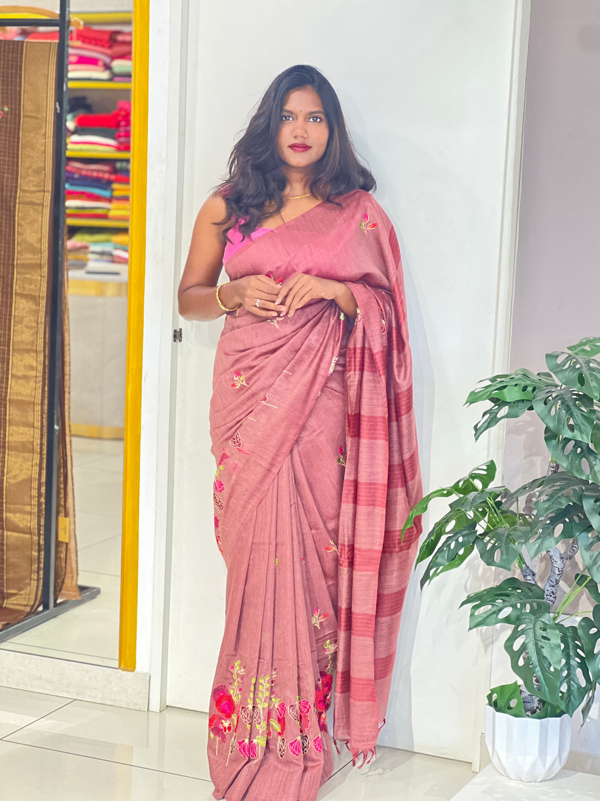 Floral Embroidered Bhagalpuri Linen Saree | NHH692