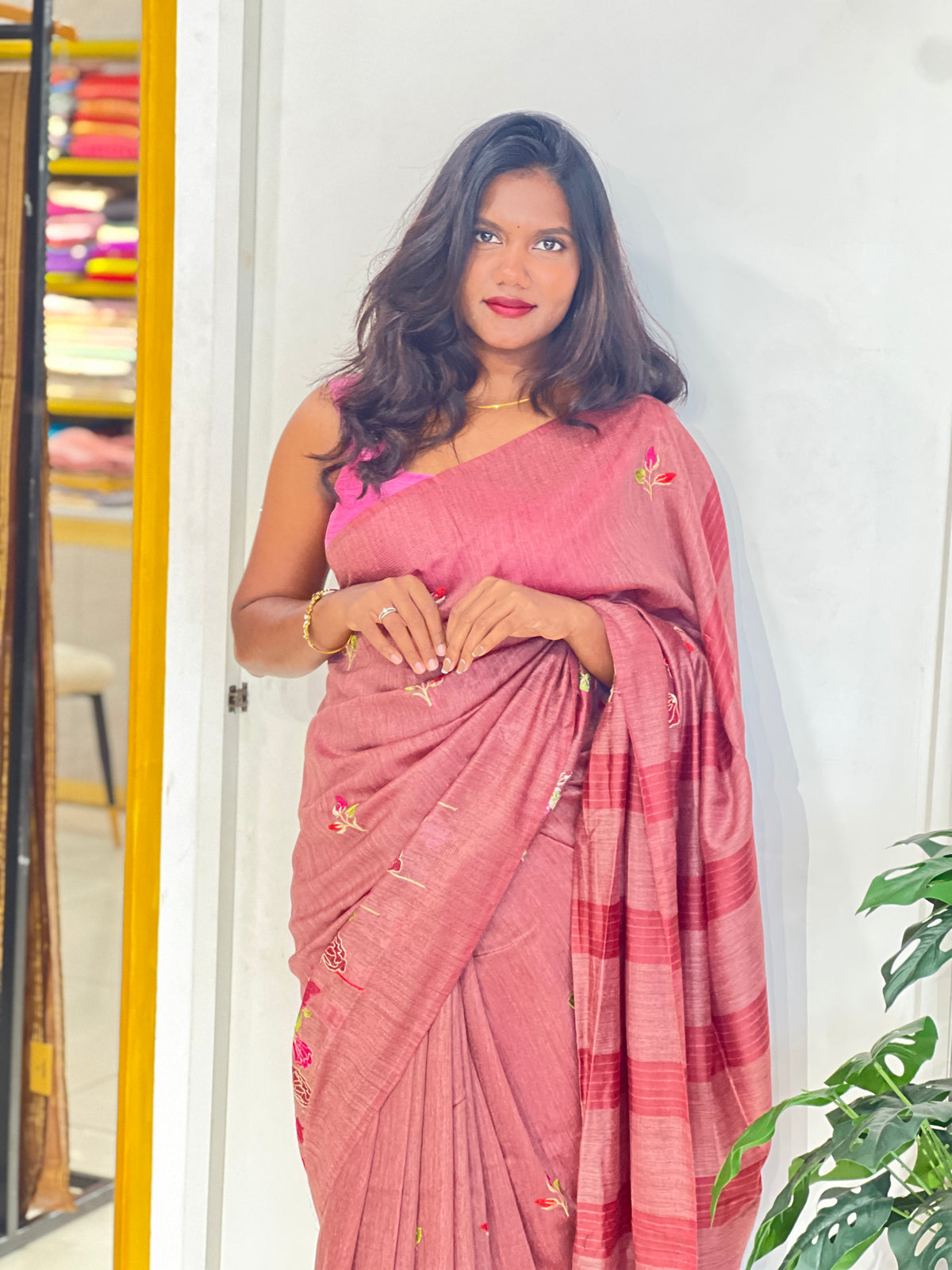 Floral Embroidered Bhagalpuri Linen Saree | NHH692