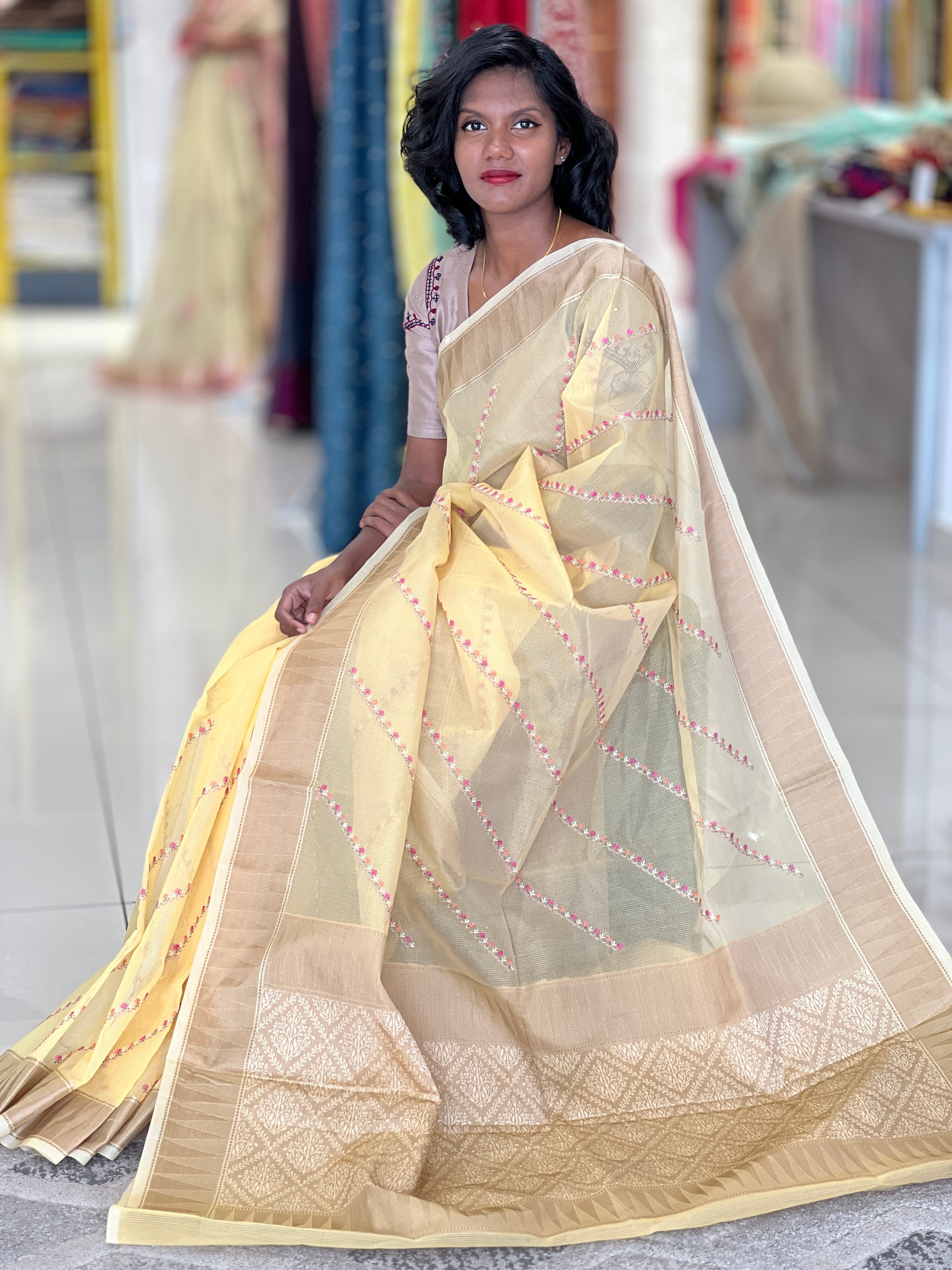 Diagonal Embroidery Detailed Check Organza Saree | RR221