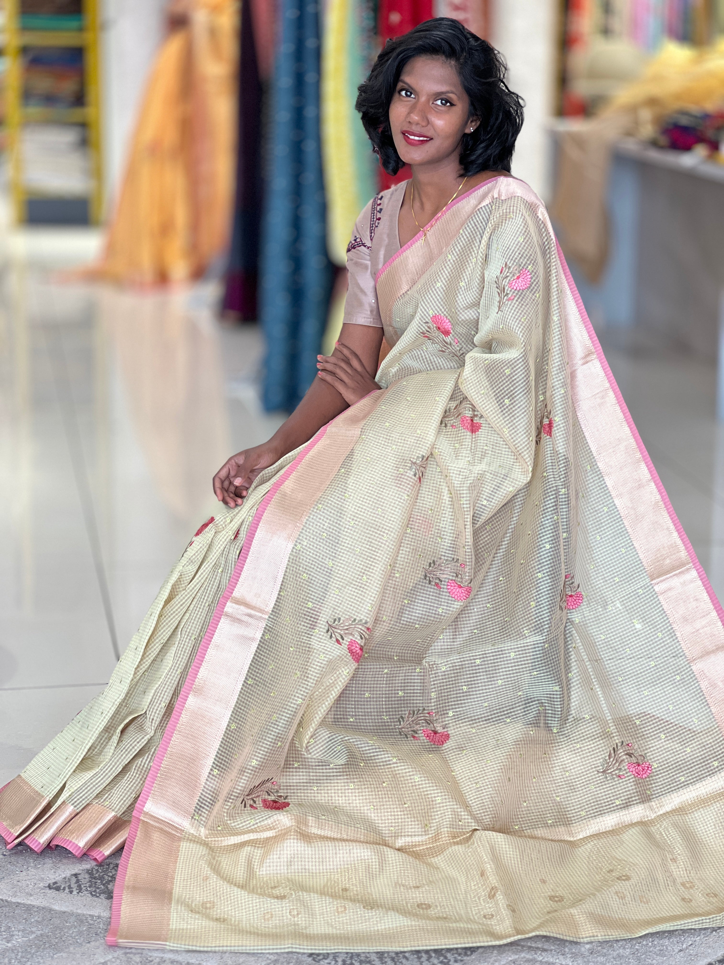 Floral Embroidered Check Organza Saree | RR219