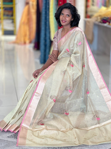 Floral Embroidered Check Organza Saree | RR219