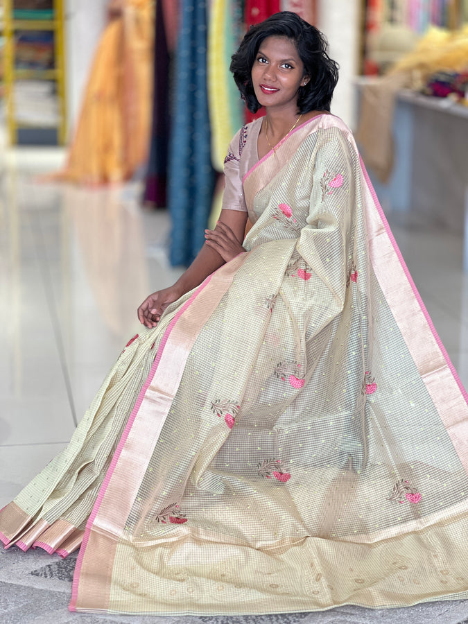 Floral Embroidered Check Organza Saree | RR219