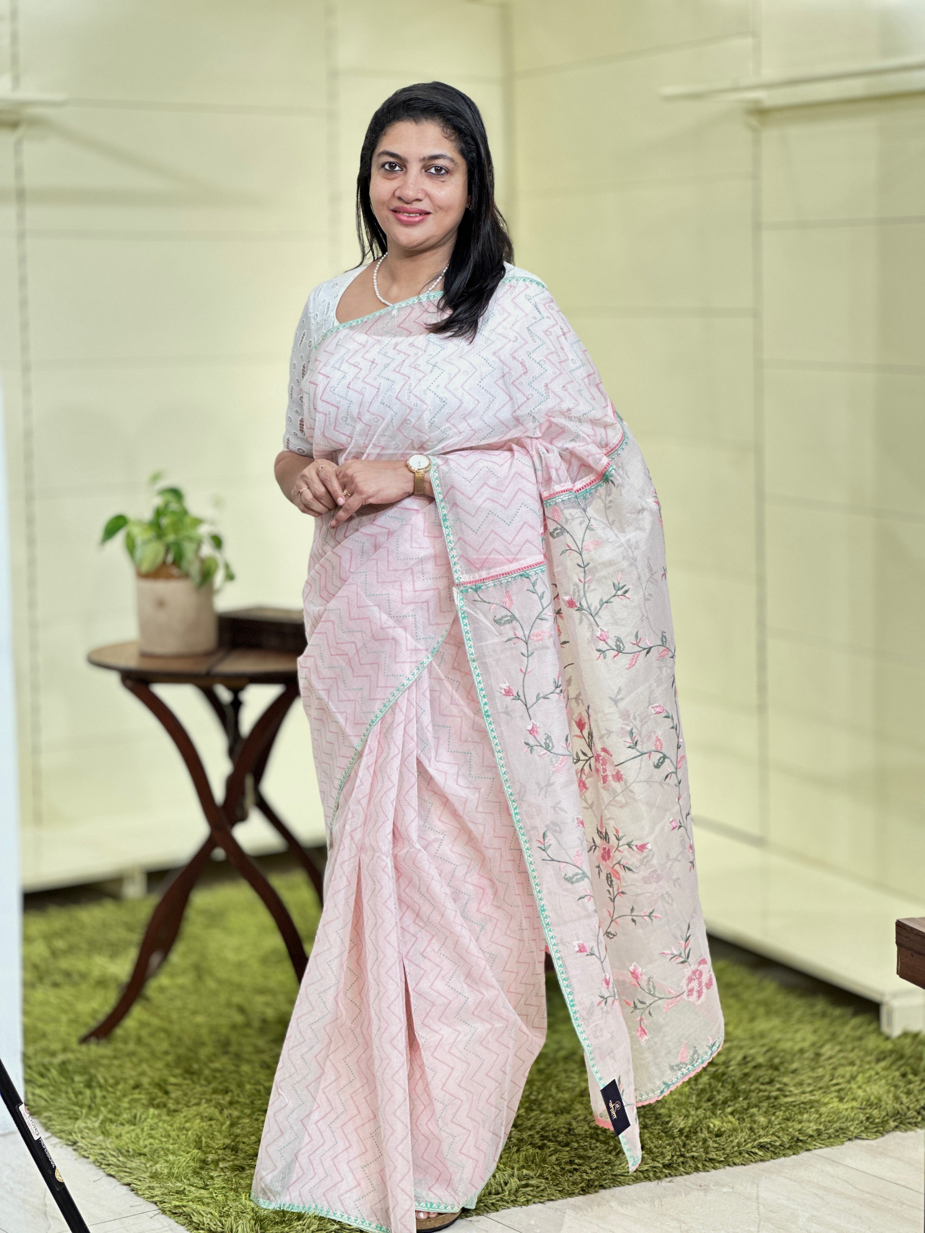Zigzag & Floral Jaal Embroidered Muga Check Organza Saree | JSC246