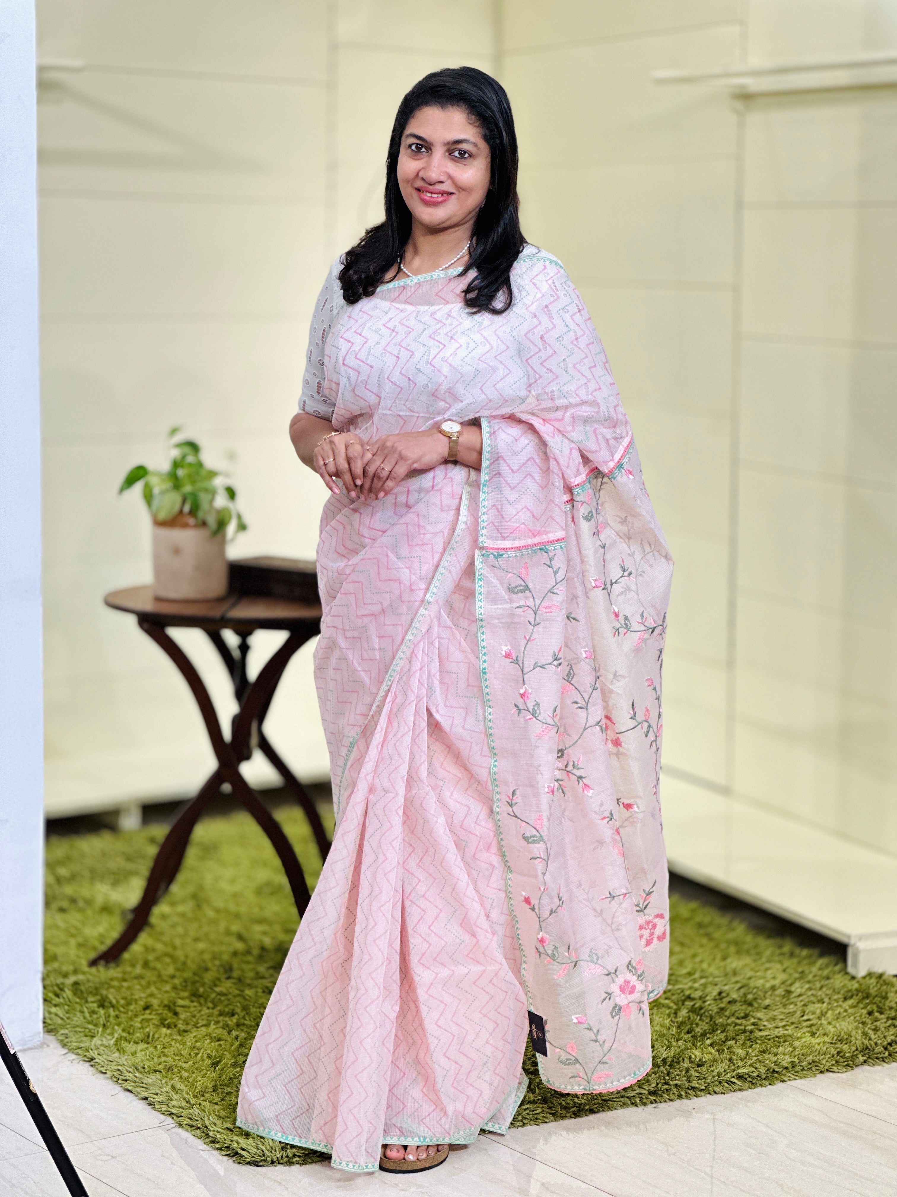 Zigzag & Floral Jaal Embroidered Muga Check Organza Saree | JSC246