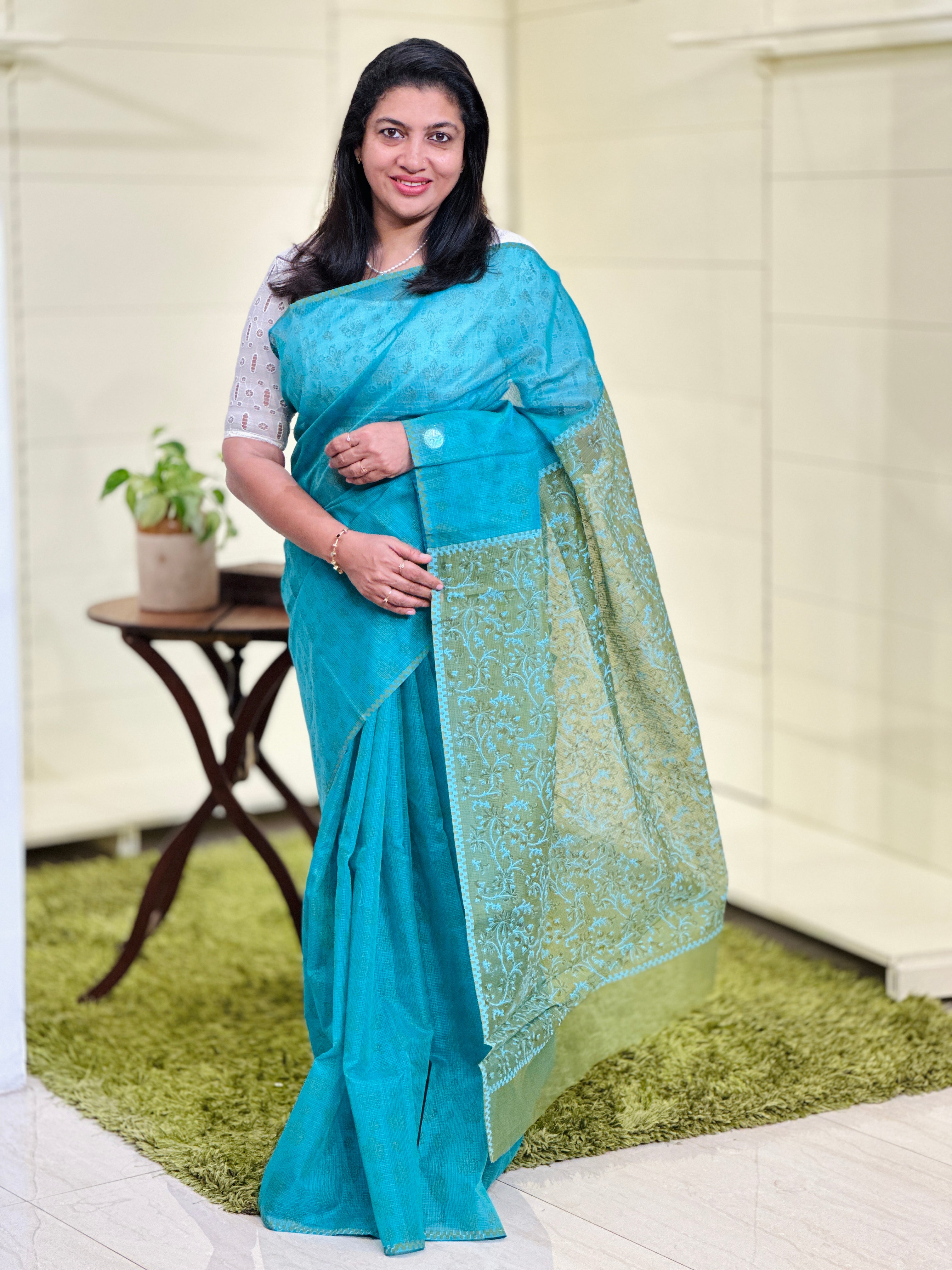 Hand Block Printed Muga Check Organza Saree | JSC237