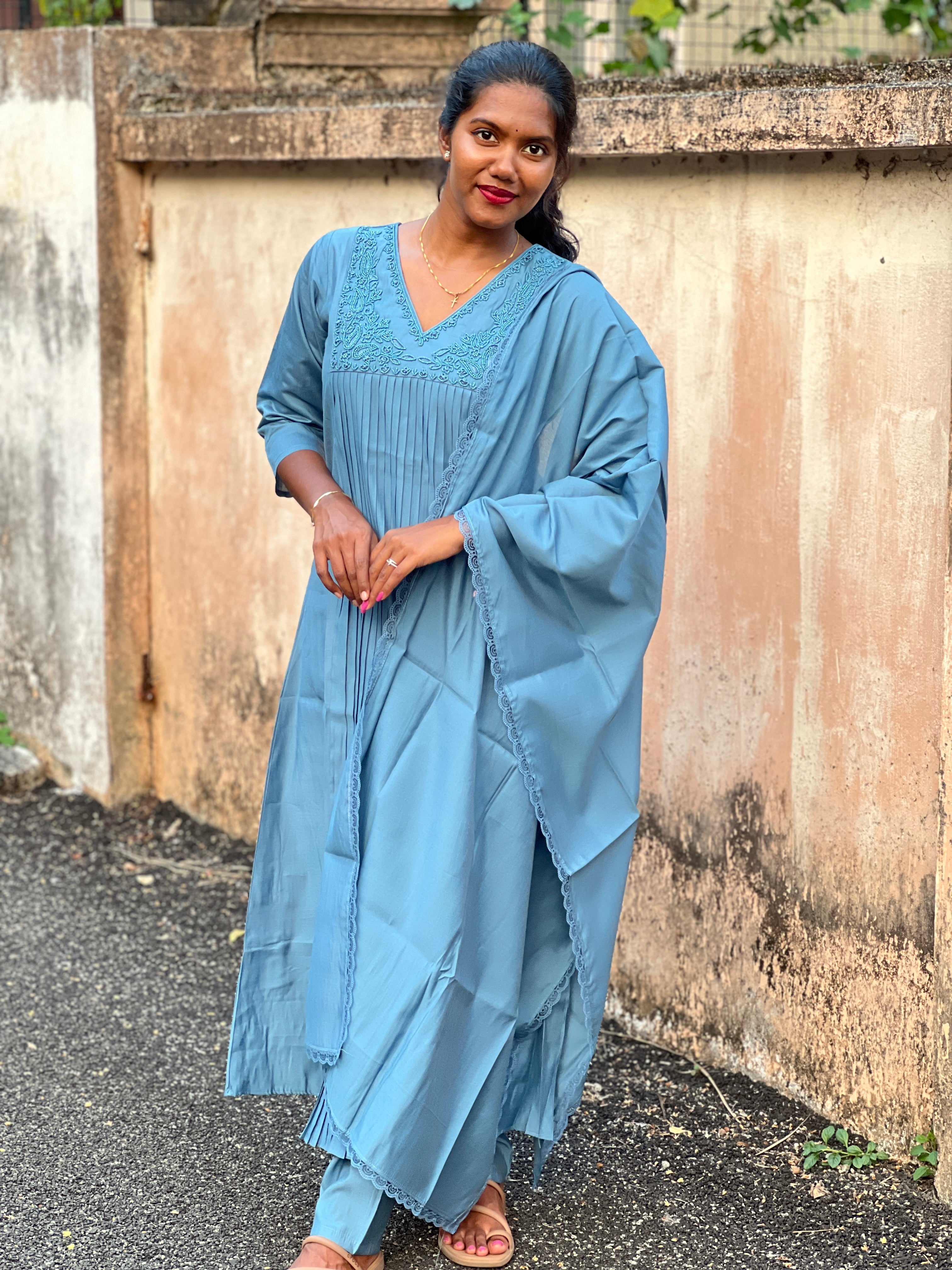 Sugar Beads & Thread Embroidered Semi Tussar Kurta Set | SLM134