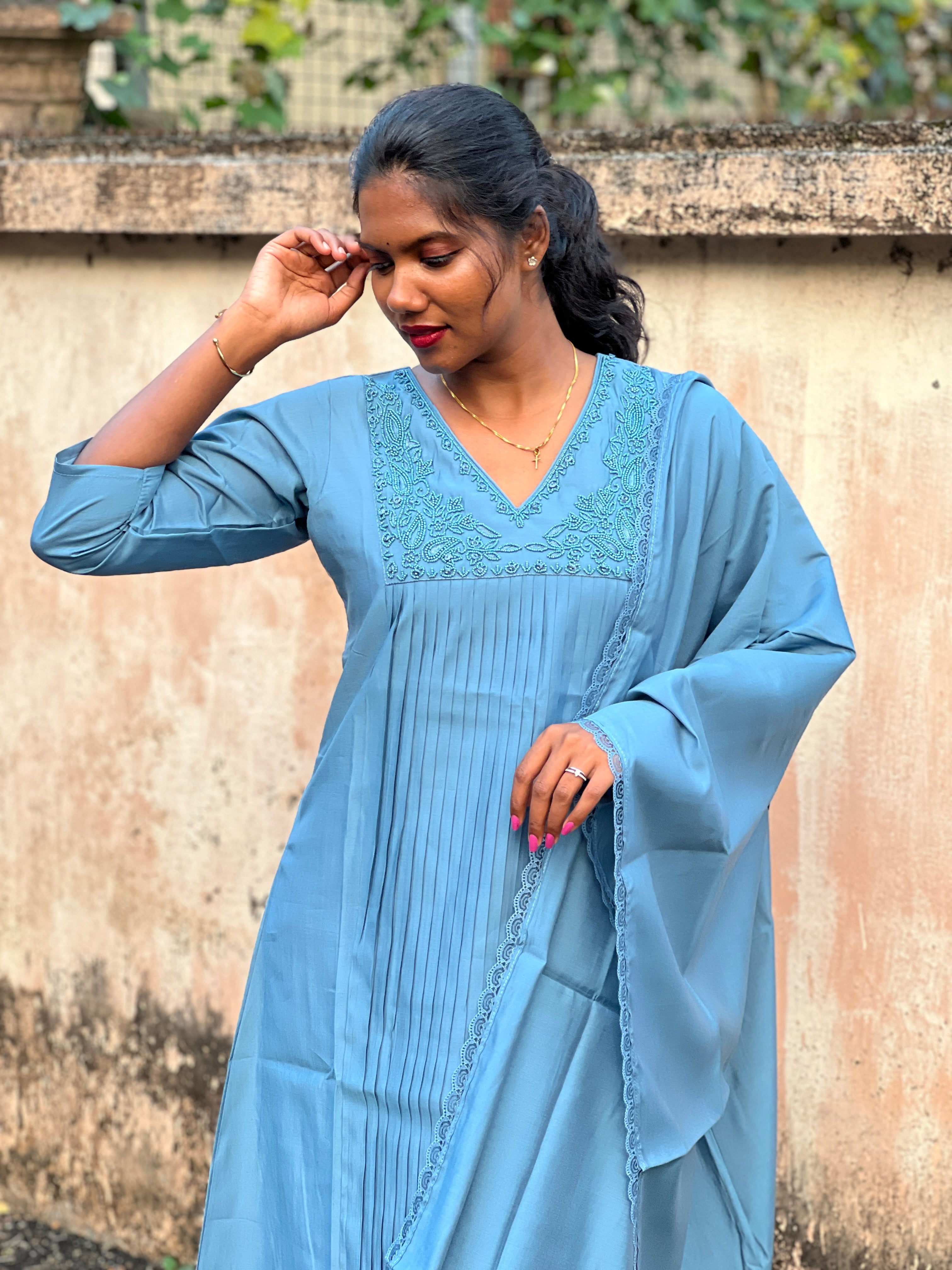Sugar Beads & Thread Embroidered Semi Tussar Kurta Set | SLM134