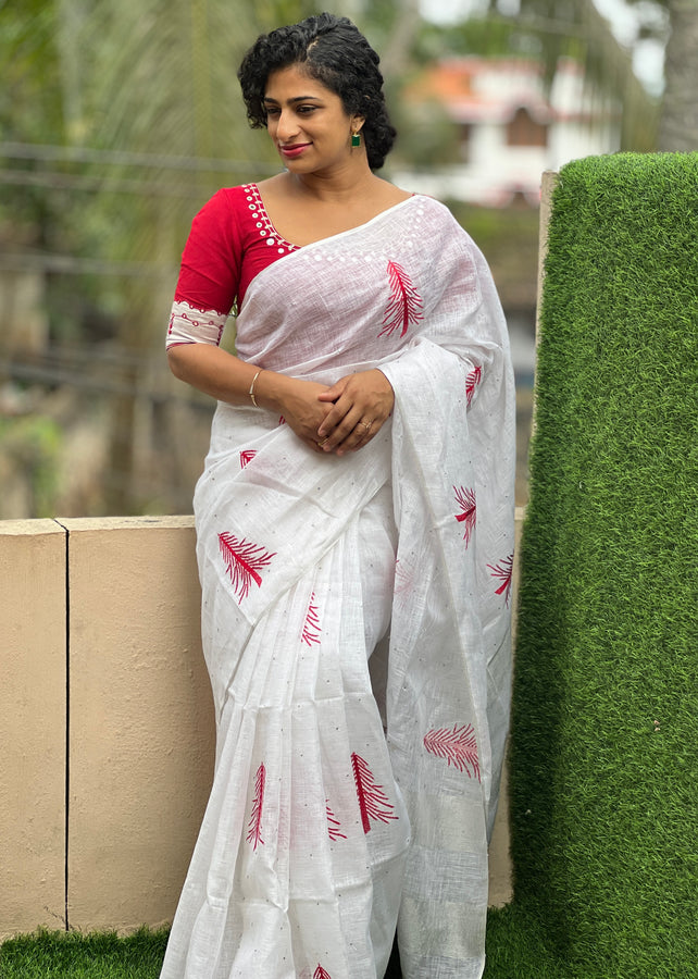 Christmas Tree Pattern & Silver Buta Design Linen Saree  | DLS197