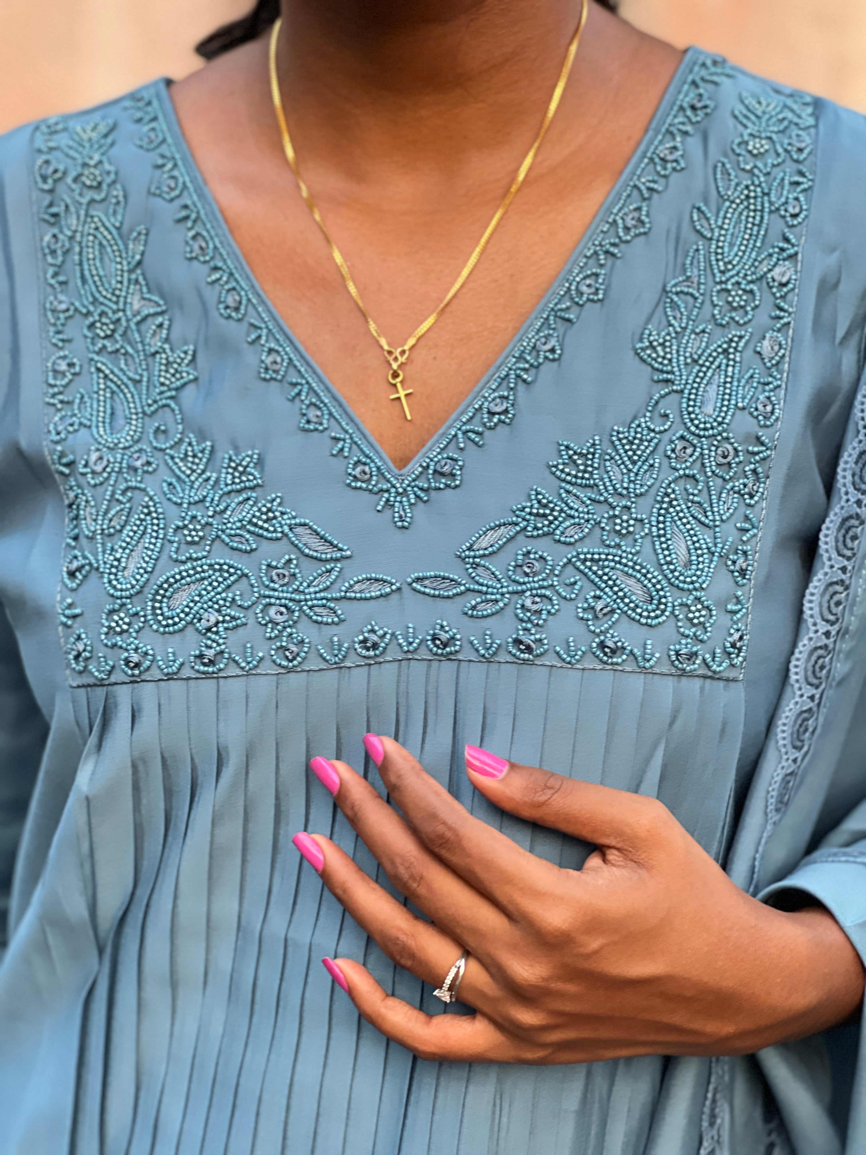 Sugar Beads & Thread Embroidered Semi Tussar Kurta Set | SLM134