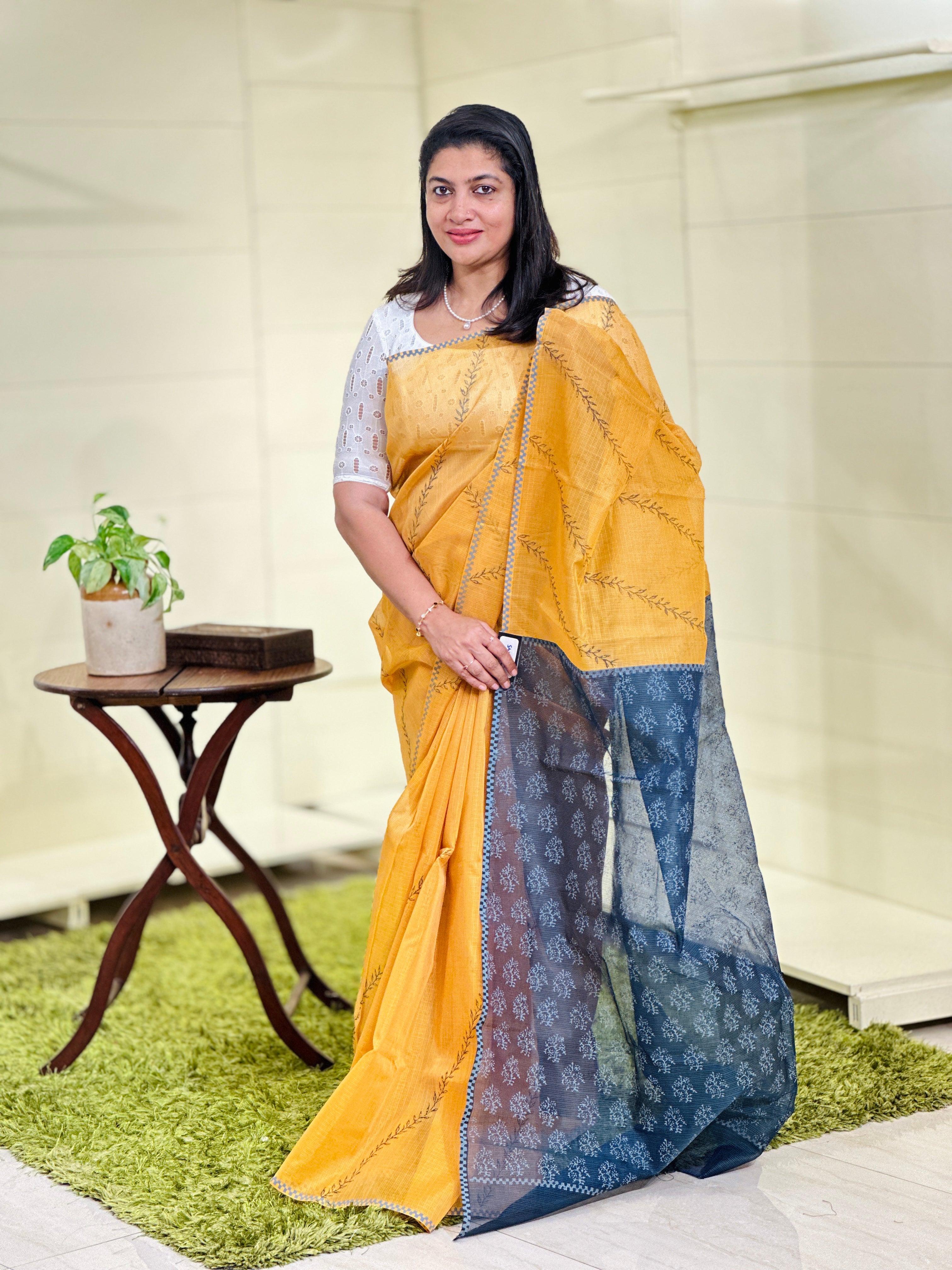 Hand Block Printed Muga Check Organza Saree | JSC245