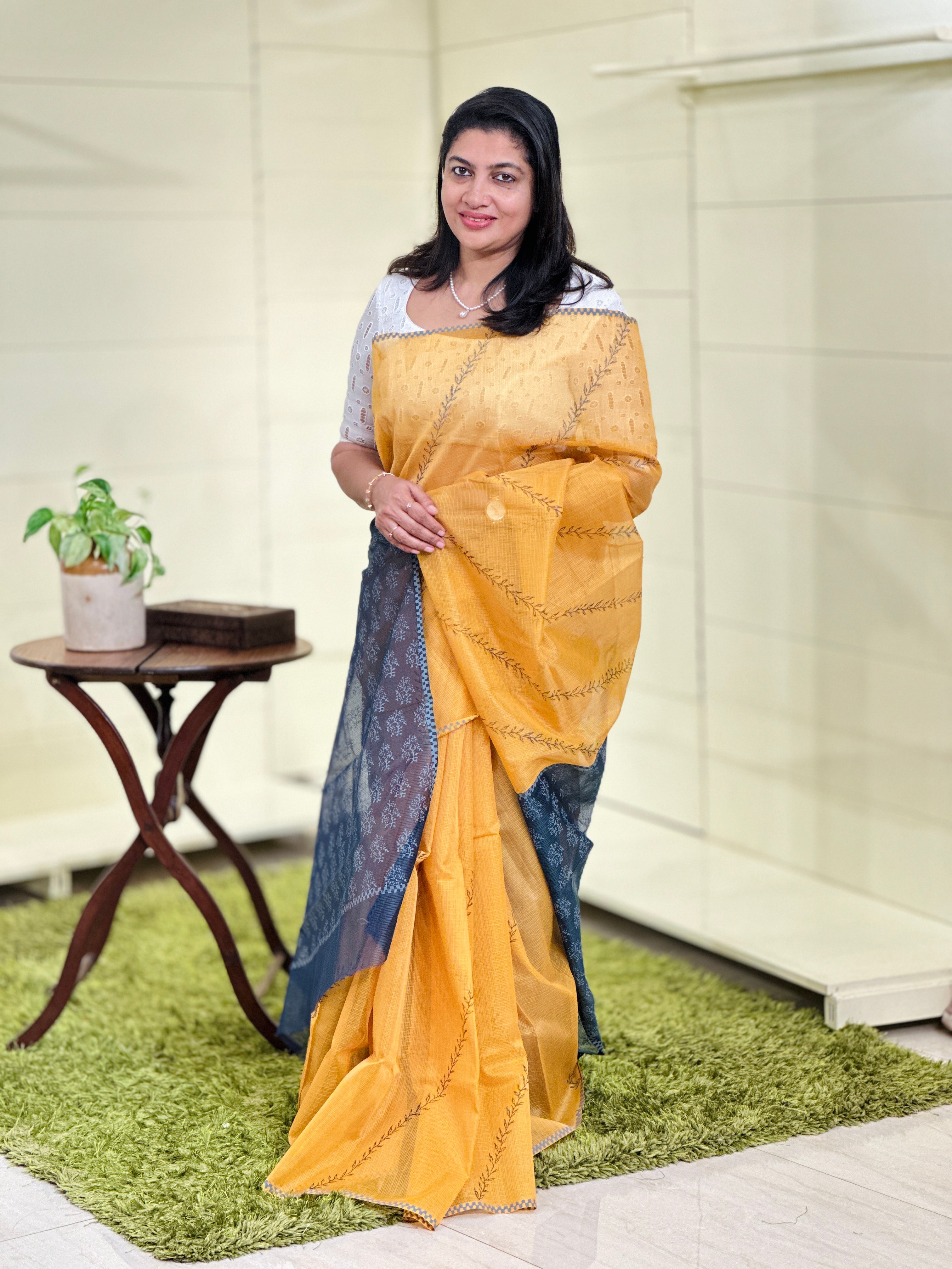 Hand Block Printed Muga Check Organza Saree | JSC245