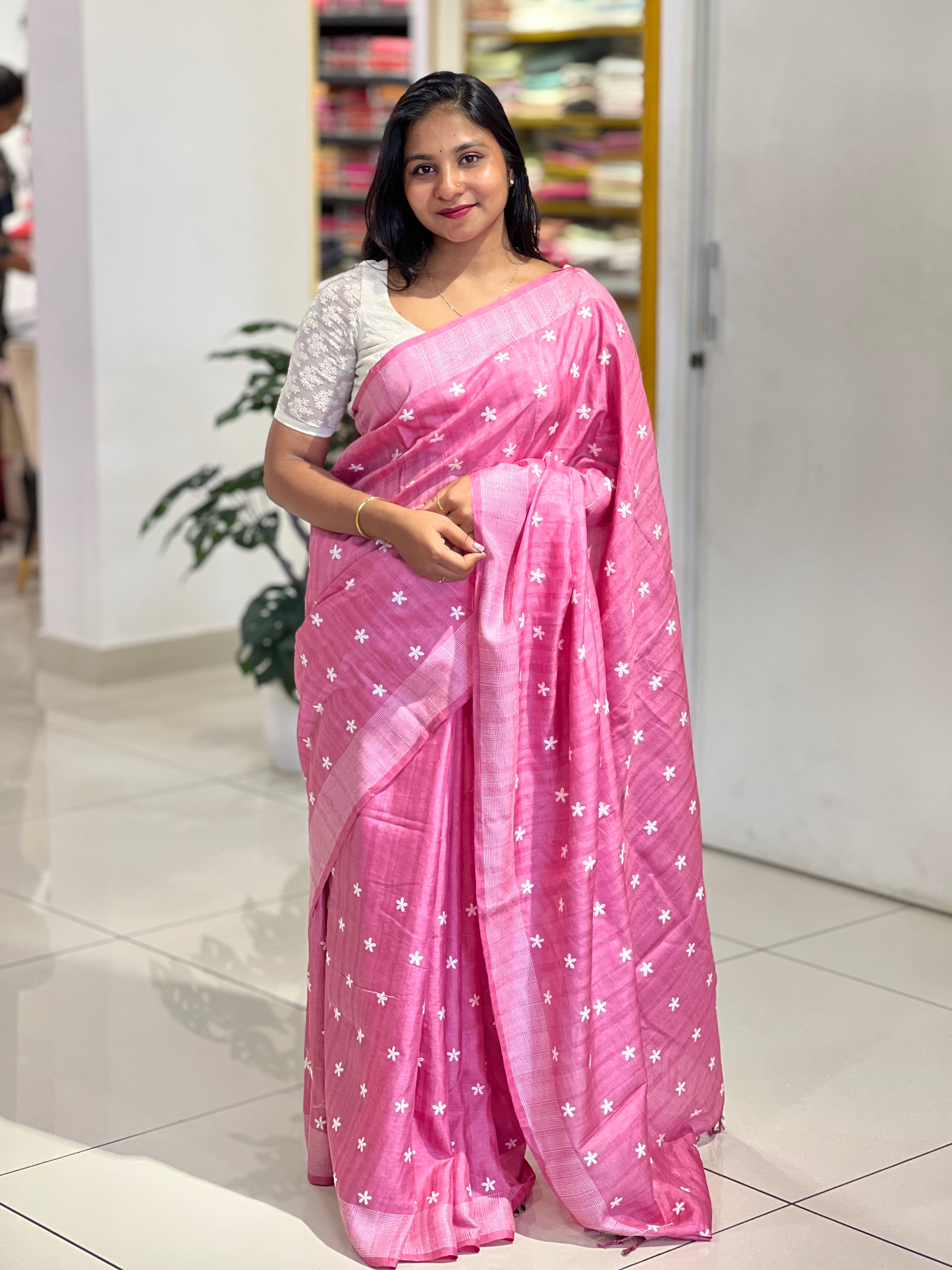 Floral Embroidery Detailed Semi Tussar Saree | SUN718