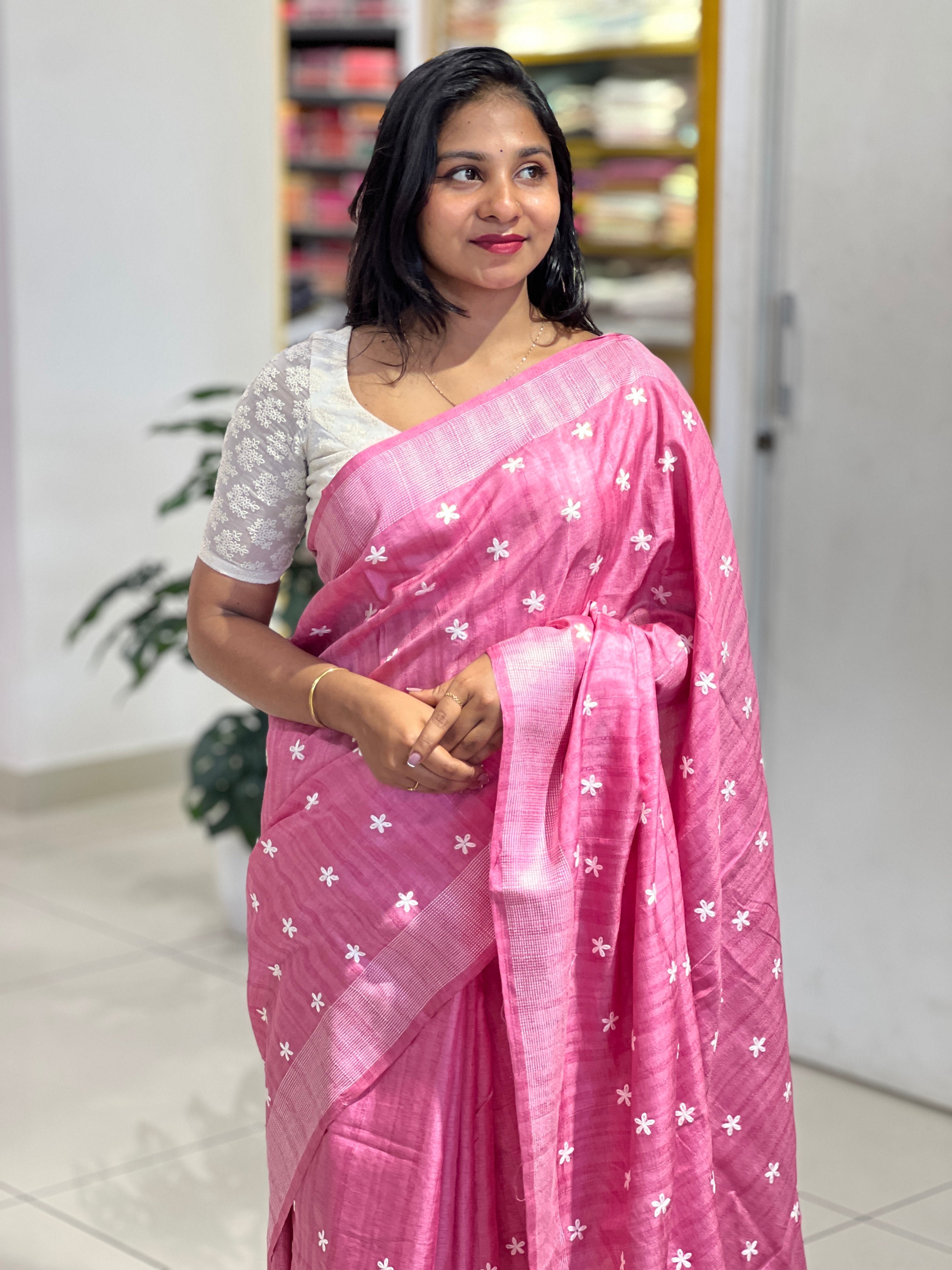 Floral Embroidery Detailed Semi Tussar Saree | SUN718