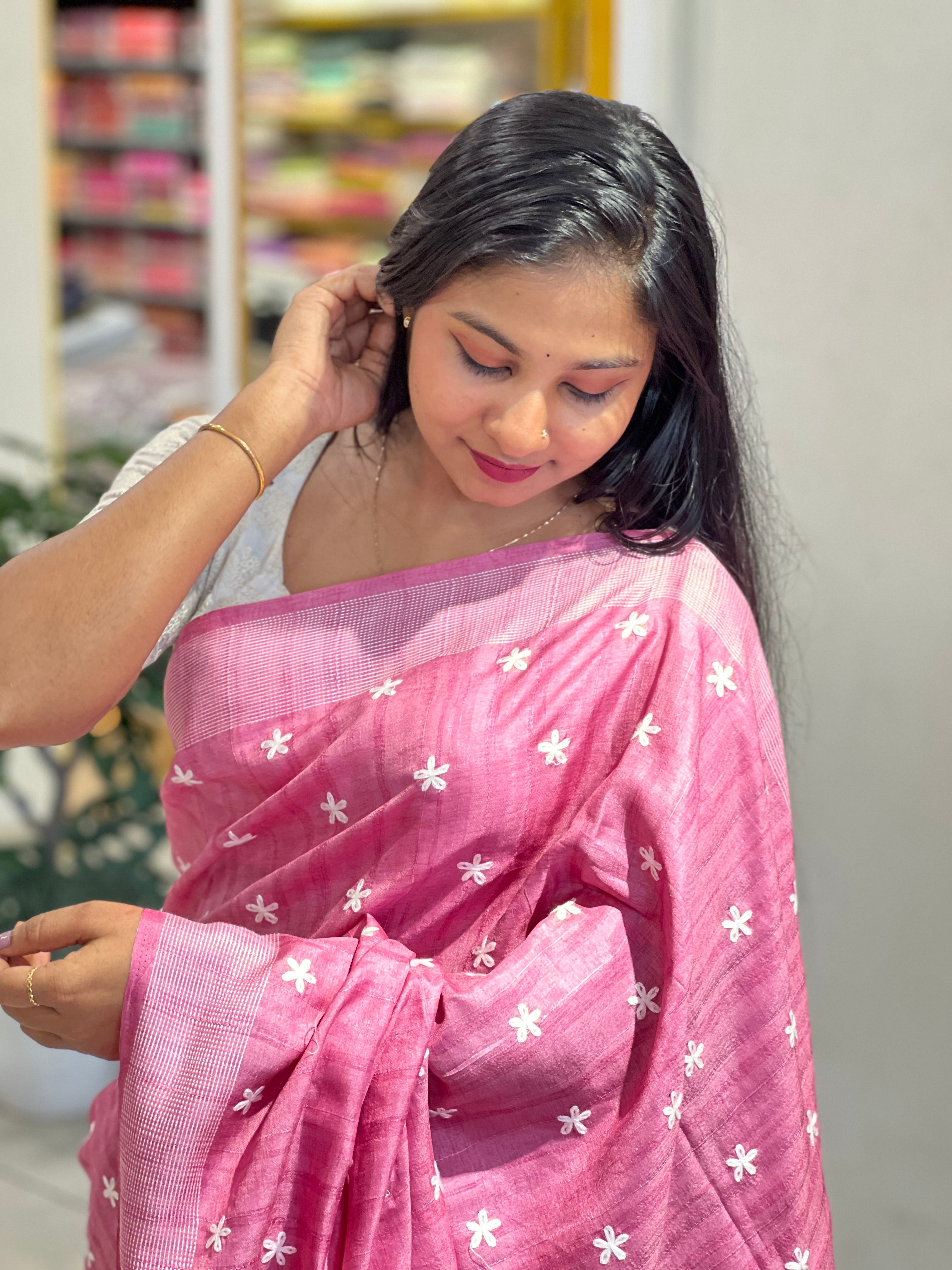 Floral Embroidery Detailed Semi Tussar Saree | SUN718